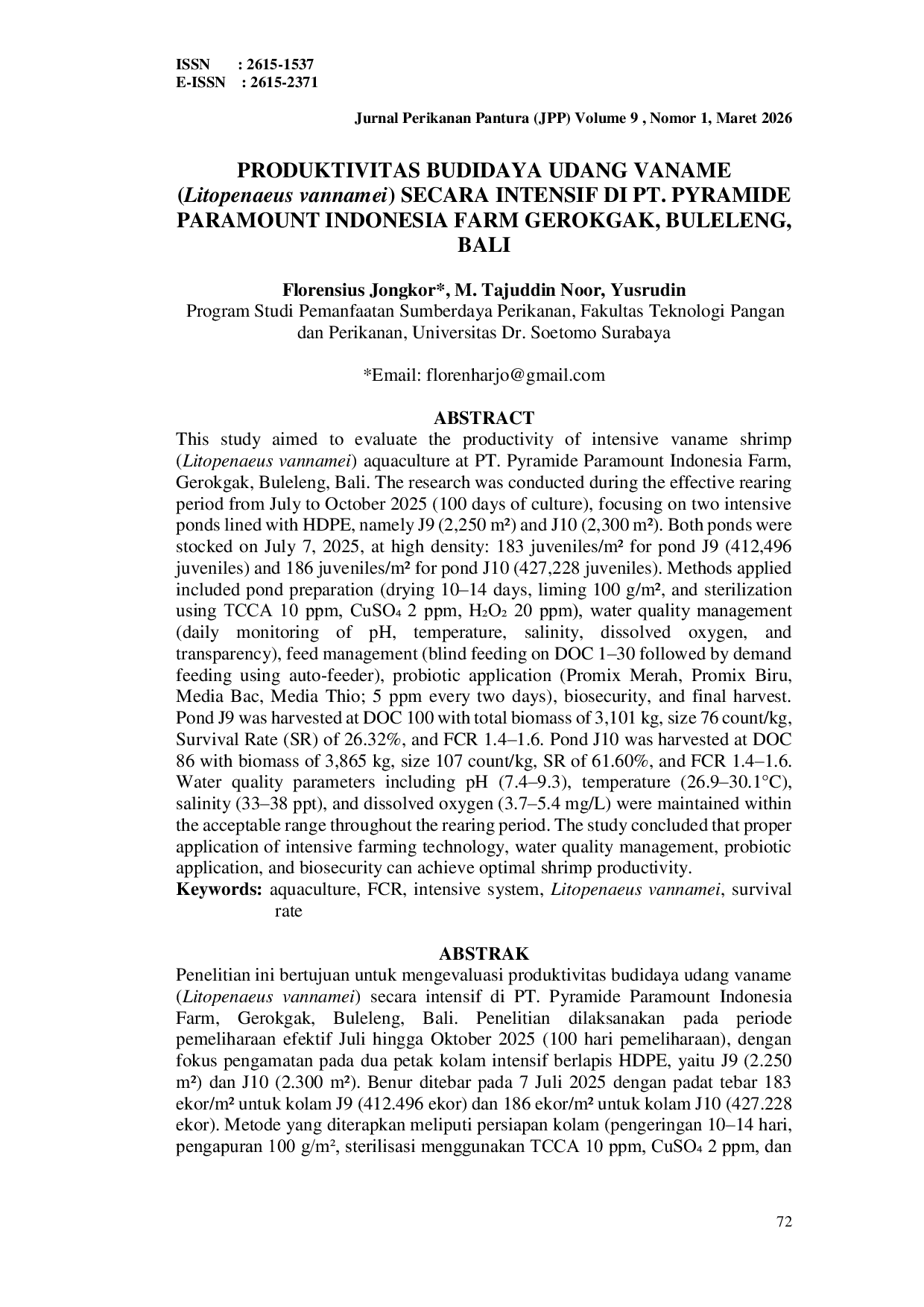 JURIS PRODUKTIVITAS BUDIDAYA UDANG VANAME Litopenaeus vannamei SECARA INTENSIF DI PT PYRAMIDE PARAMOUNT INDONESIA FARM GEROKGAK BULELENG BALI