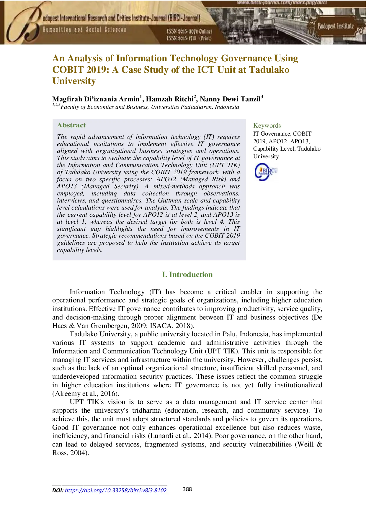 JURIS An Analysis of Information Technology Governance Using COBIT 2019 A Case Study of the ICT Unit at Tadulako University