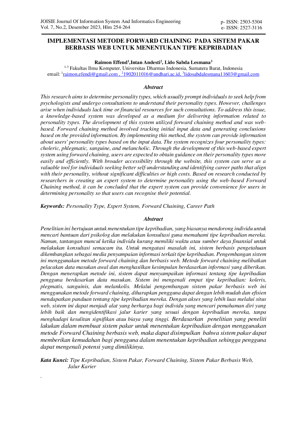 JURIS IMPLEMENTASI METODE FORWARD CHAINING PADA SISTEM PAKAR BERBASIS WEB UNTUK MENENTUKAN TIPE KEPRIBADIAN