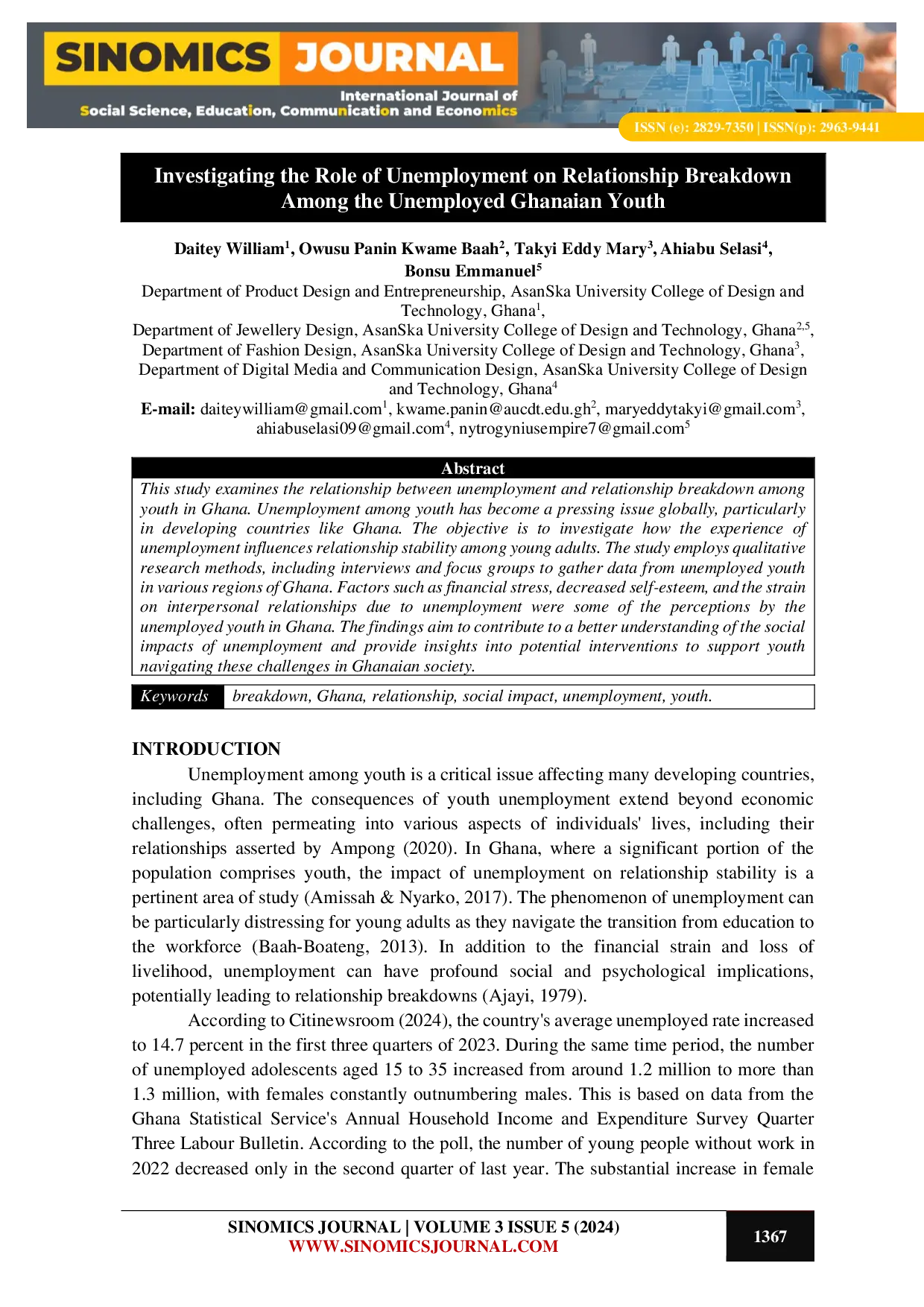 JURIS Investigating the Role of Unemployment on Relationship Breakdown Among the Unemployed Ghanaian Youth