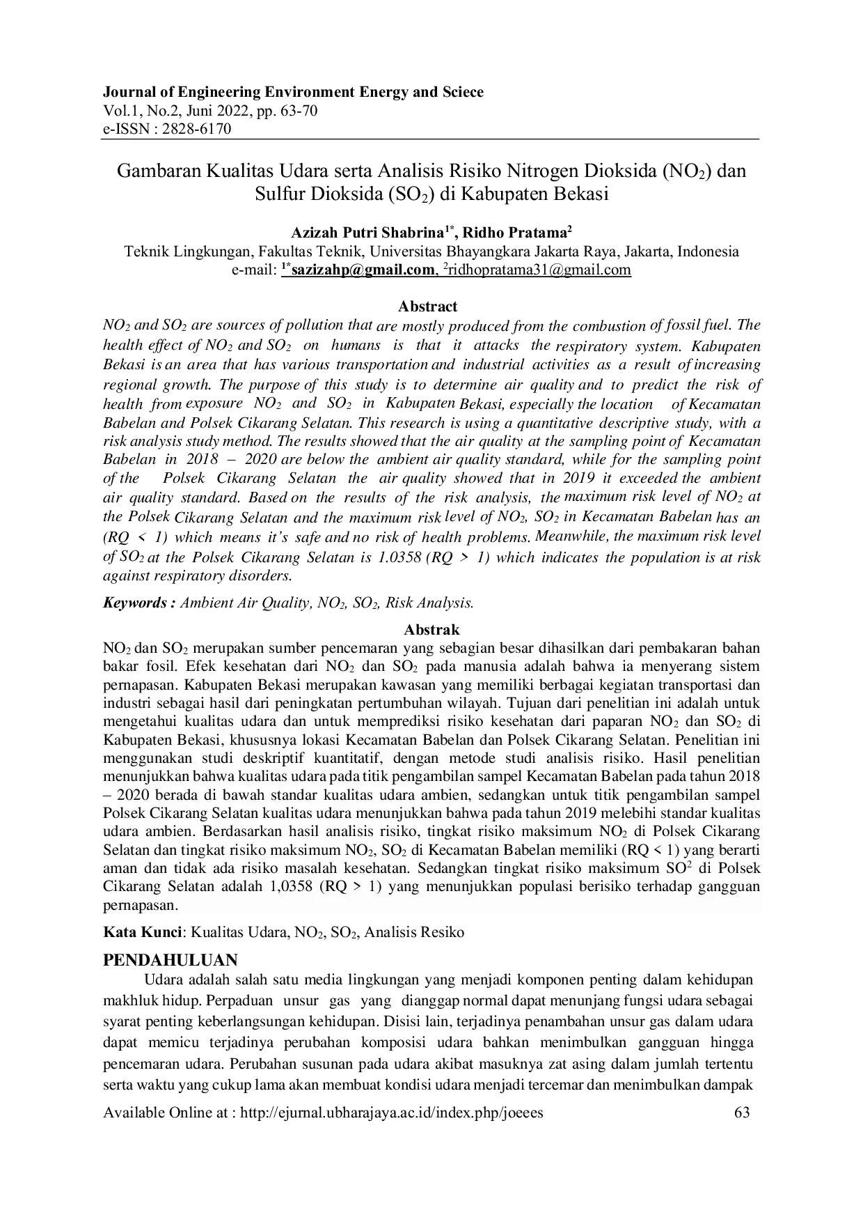JURIS Gambaran Kualitas Udara serta Analisis Risiko Nitrogen Dioksida NO2 dan Sulfur Dioksida SO2 di Kabupaten Bekasi