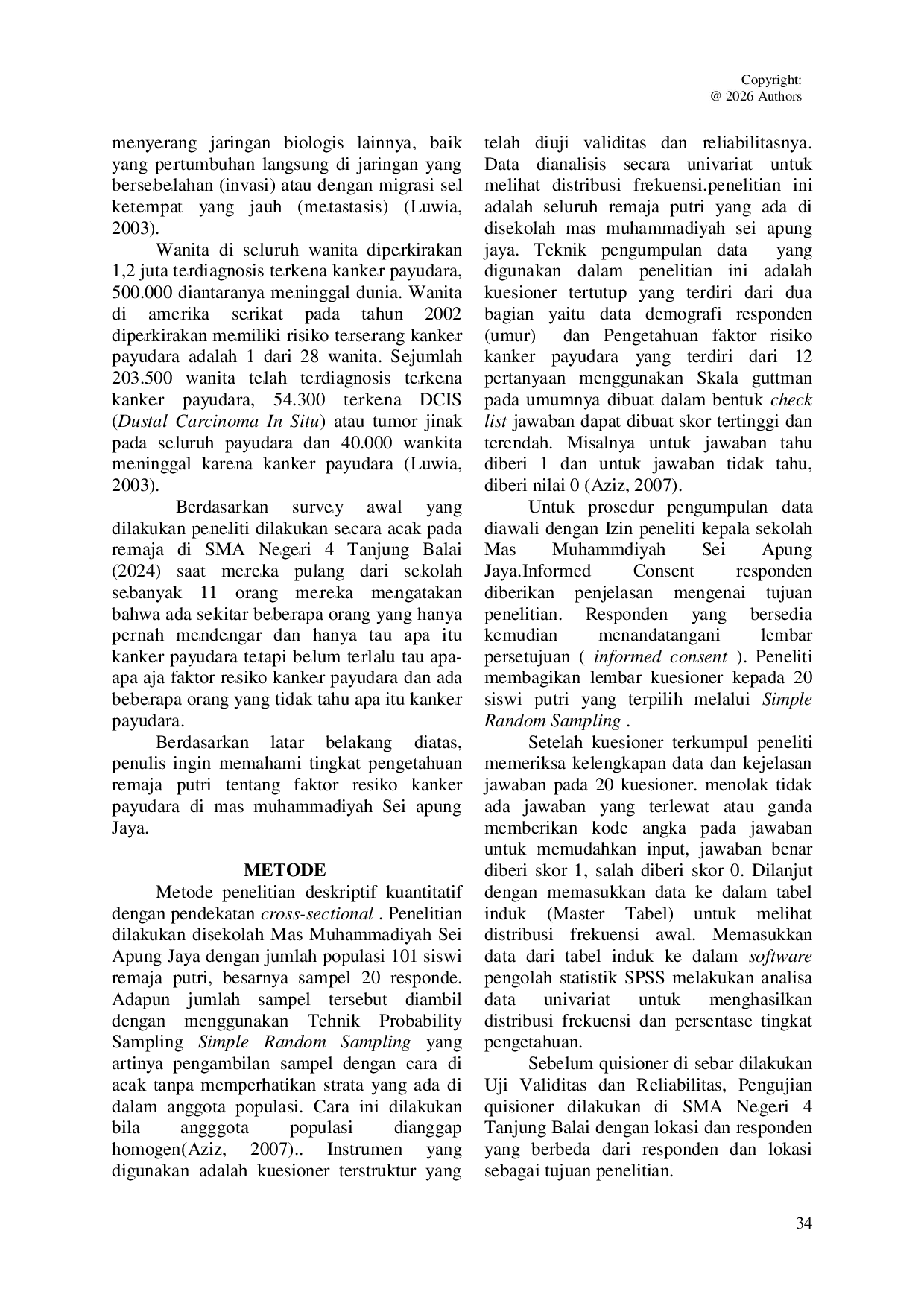 JURIS Tingkat Pengetahuan Remaja Putri Tentang Faktor Resiko Kanker Payudara