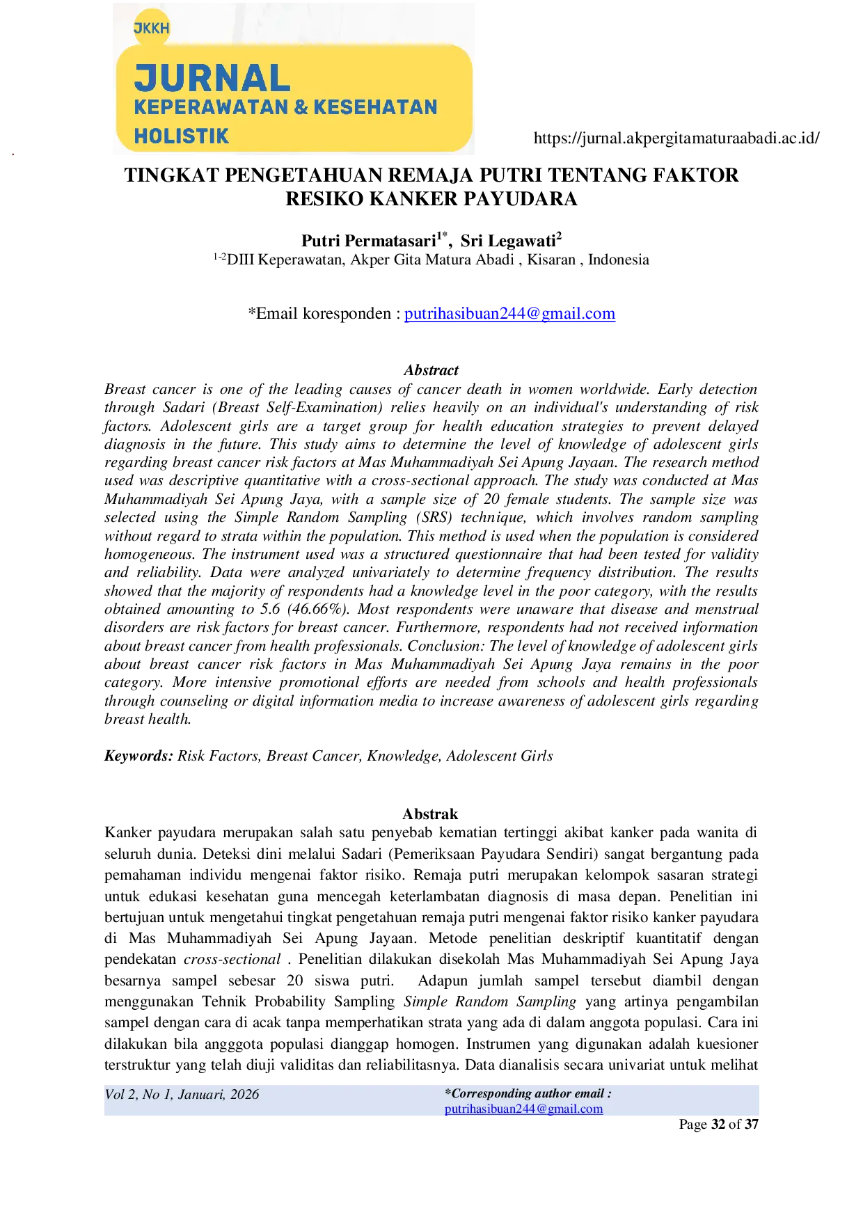 JURIS Tingkat Pengetahuan Remaja Putri Tentang Faktor Resiko Kanker Payudara