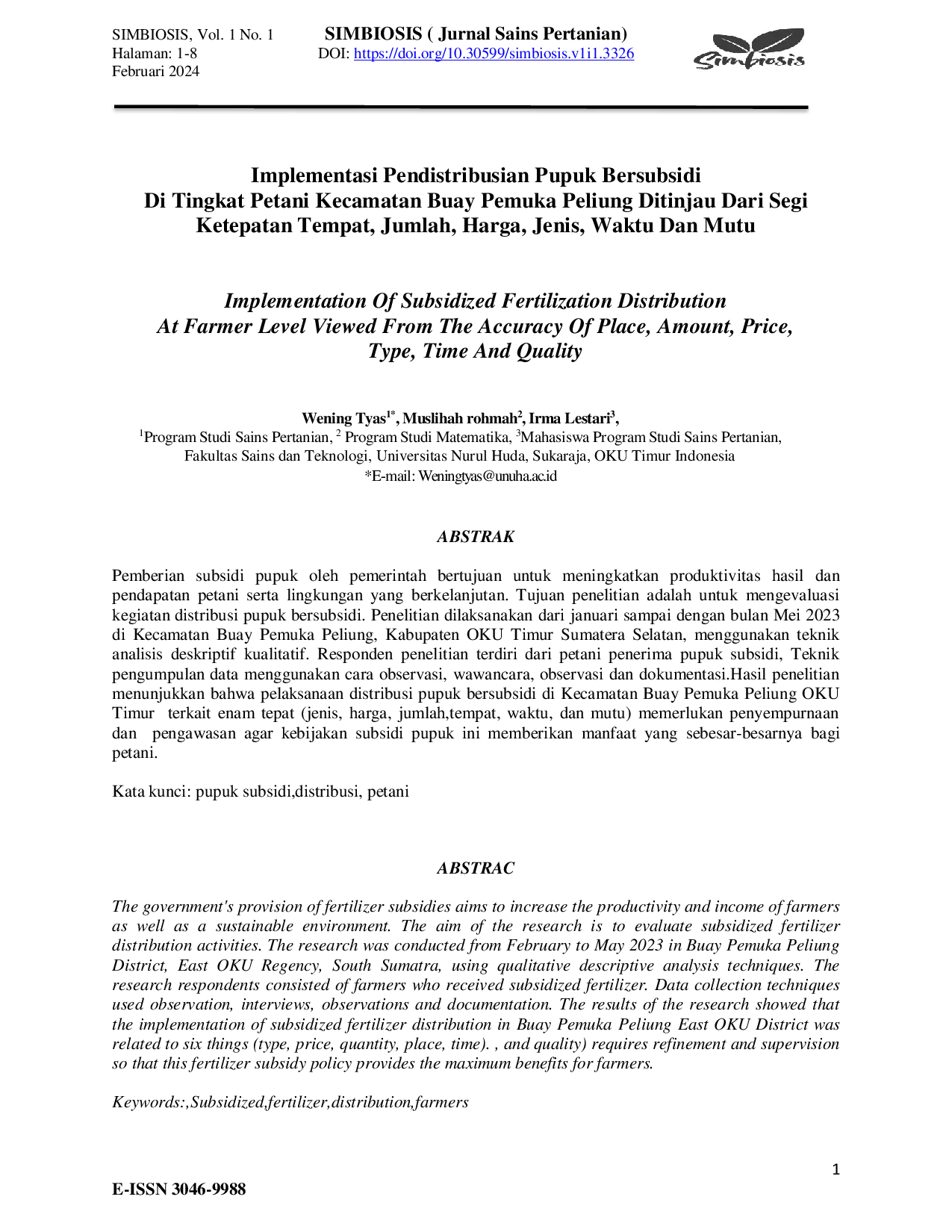 JURIS Implementasi Pendistribusian Pupuk Bersubsidi Di Tingkat Petani Kecamatan Buay Pemuka Peliung Ditinjau Dari Segi Ketepatan Tempat Jumlah Harga Jenis Waktu Dan Mutu
