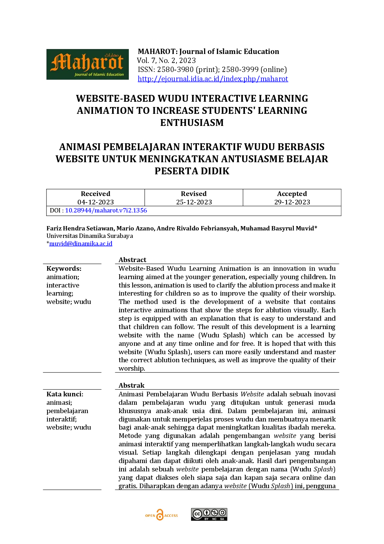 JURIS Website Based Wudu Interactive Learning Animation to Increase Students Learning Enthusiasm