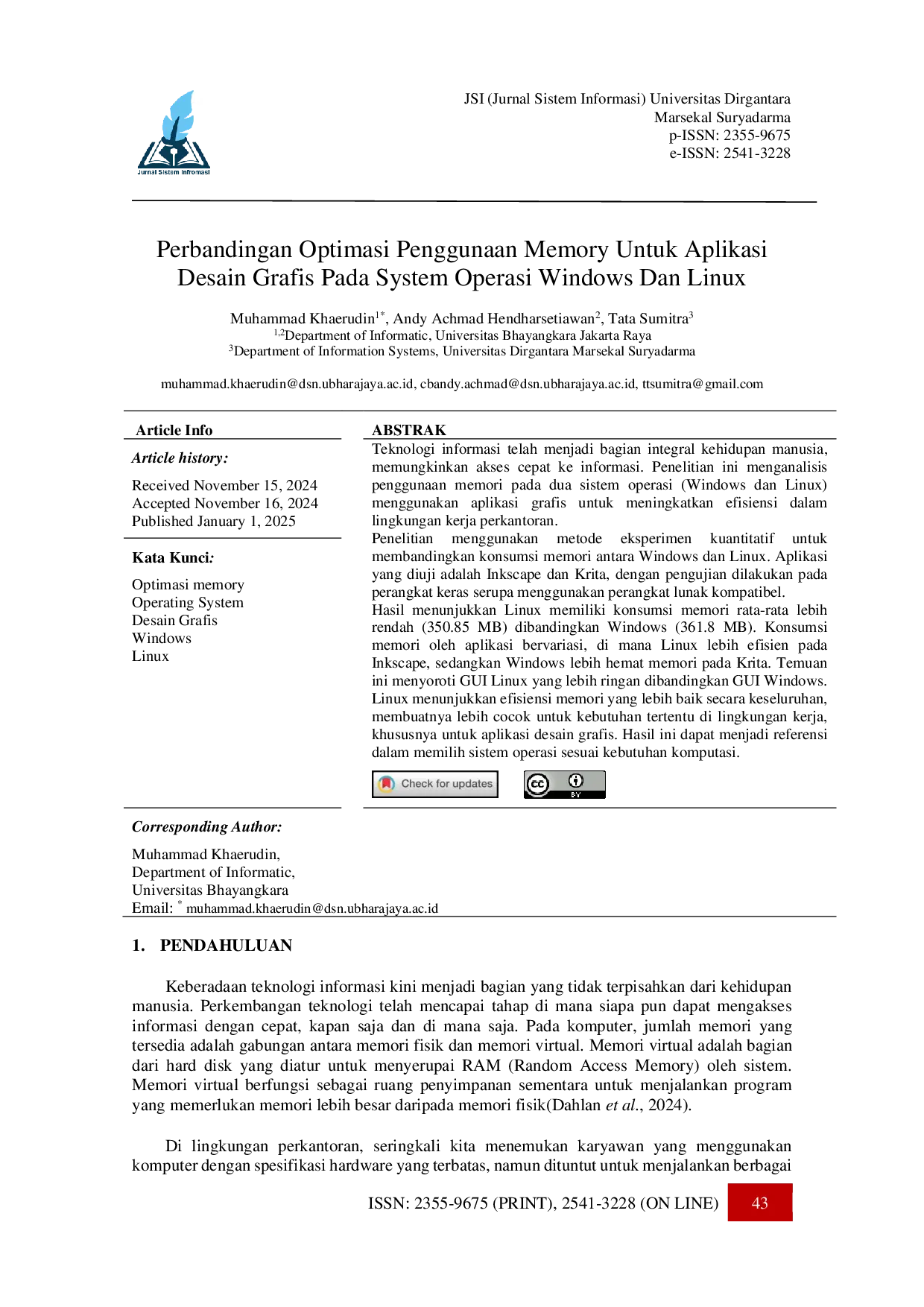 JURIS Perbandingan Optimasi Penggunaan Memory Untuk Aplikasi Desain Grafis Pada System Operasi Windows Dan Linux