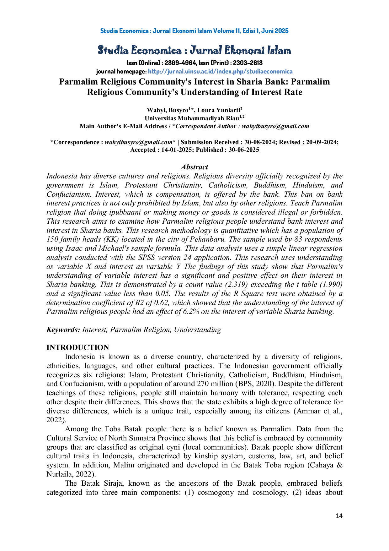 JURIS Parmalim Religious Community s Interest in Sharia Bank Parmalim Religious Community s Understanding of Interest Rate