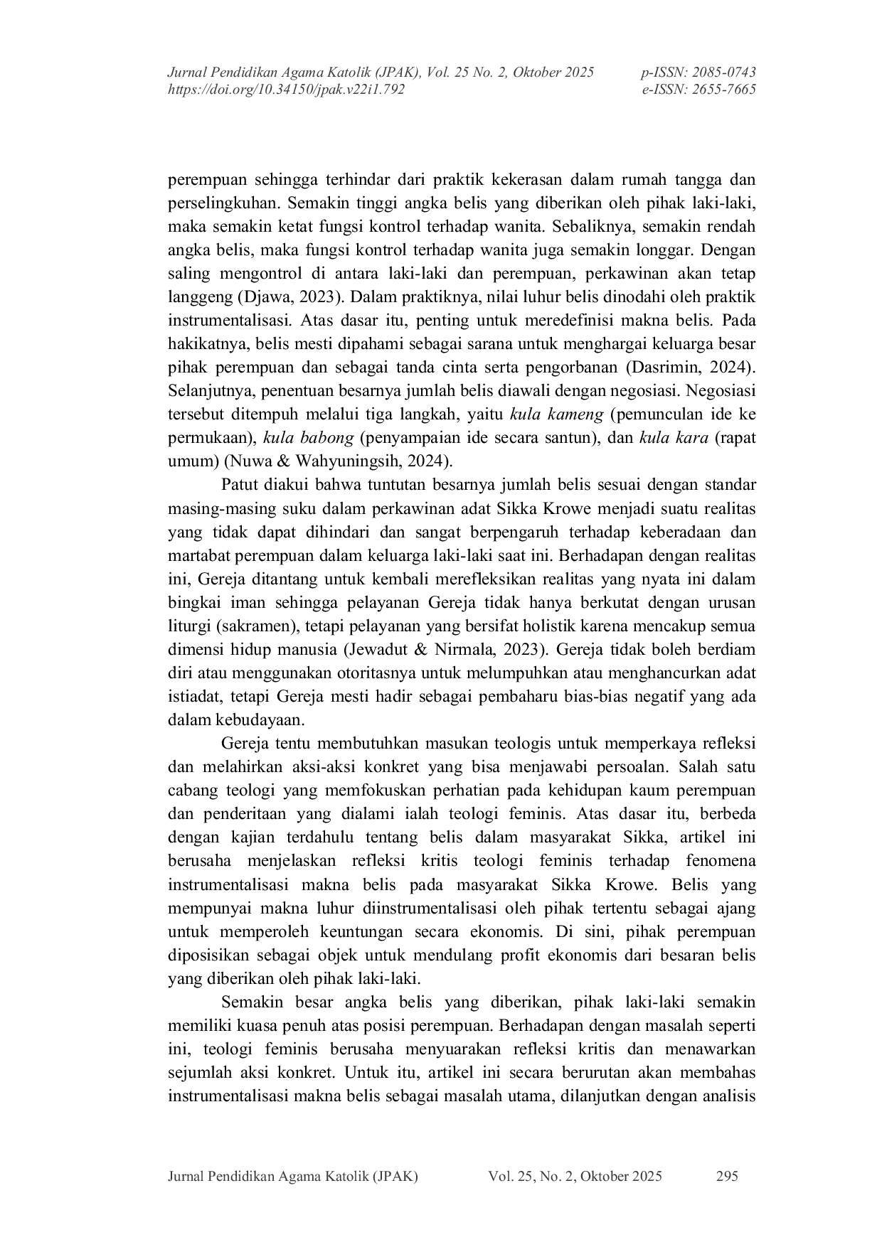 JURIS Refleksi Kritis Teologi Feminis Terhadap Instrumentalisasi Makna Belis Pada Masyarakat Sikka Krowe