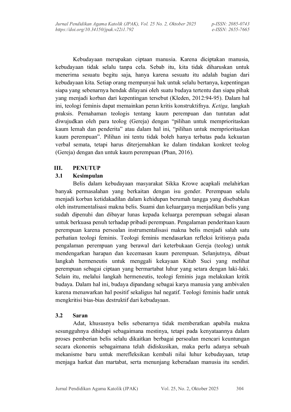 JURIS Refleksi Kritis Teologi Feminis Terhadap Instrumentalisasi Makna Belis Pada Masyarakat Sikka Krowe