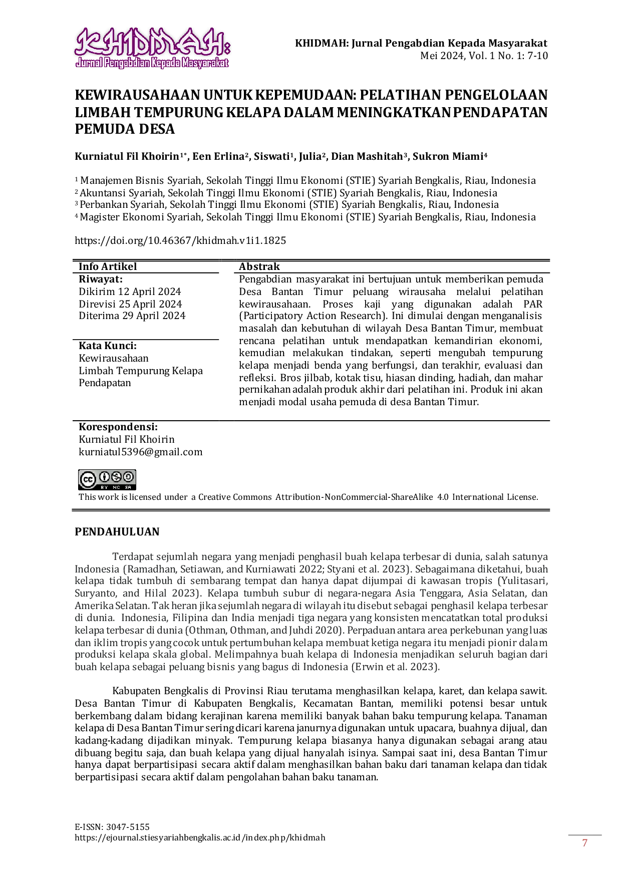 JURIS Kewirausahaan Untuk Kepemudaan Pelatihan Pengelolaan Limbah Tempurung Kelapa Dalam Meningkatkan Pendapatan Pemuda Desa