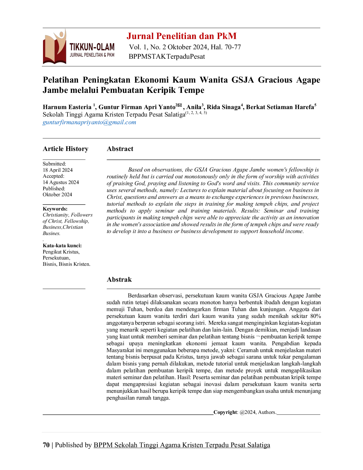 JURIS Latihan Peningkatan Ekonomi Kaum Wanita GSJA Gracious Agape Jambe melalui Pembuatan Keripik Tempe