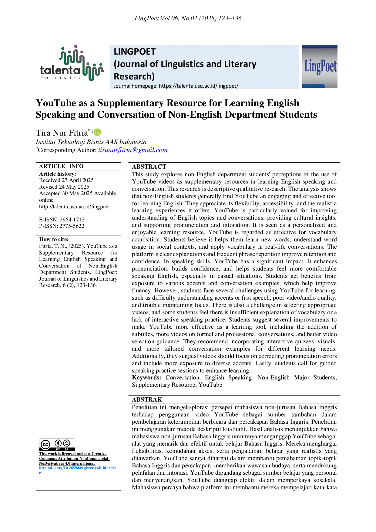 JURIS YouTube as a Supplementary Resource for Learning English Speaking and Conversation of Non English Department Students