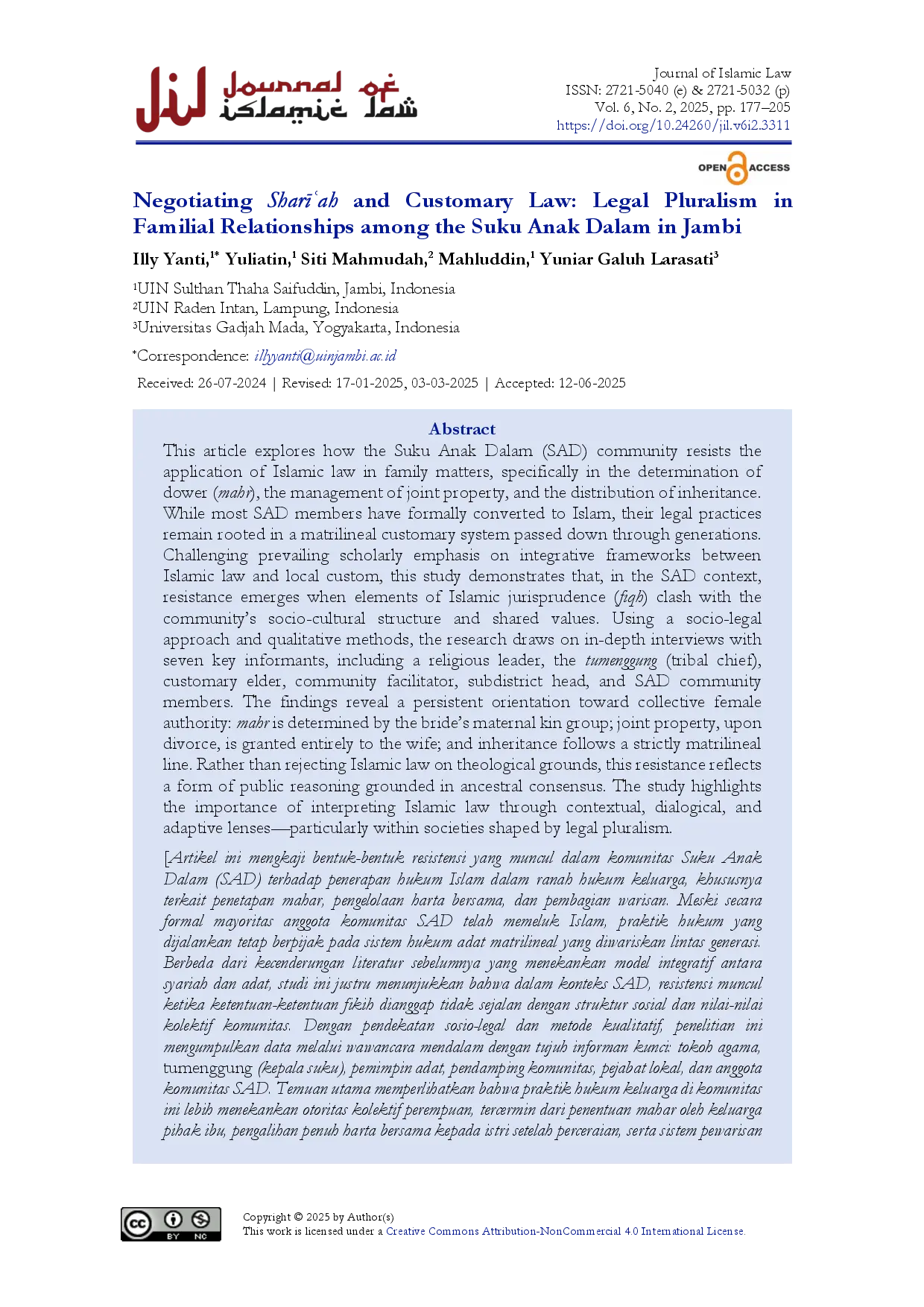 juris Negotiating Sharah and Customary Law Legal Pluralism in Familial Relationships among the Suku Anak Dalam in Jambi