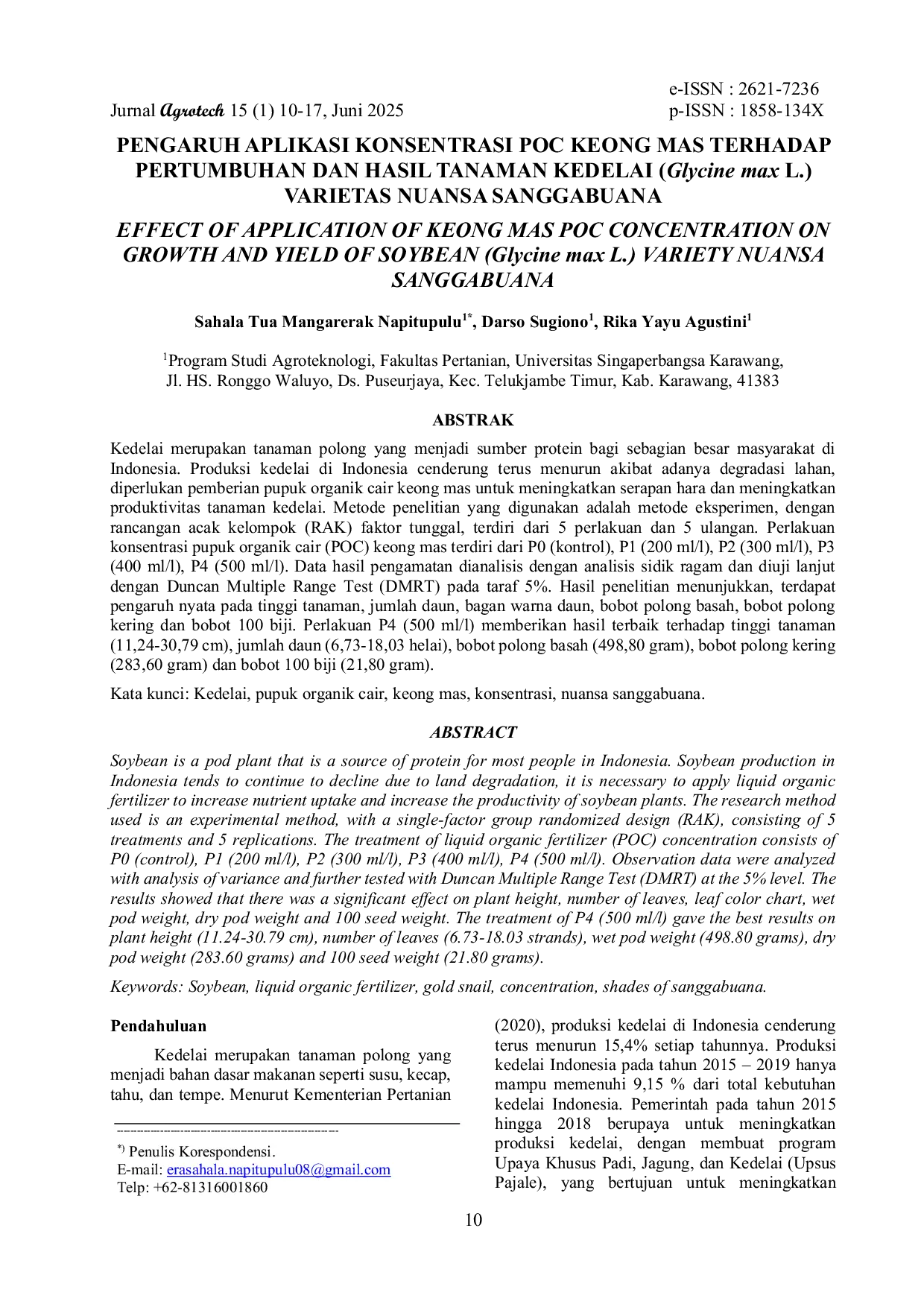 JURIS PENGARUH APLIKASI KONSENTRASI POC KEONG MAS TERHADAP PERTUMBUHAN DAN HASIL TANAMAN KEDELAI GLYCINE MAX L VARIETAS NUANSA SANGGABUANA