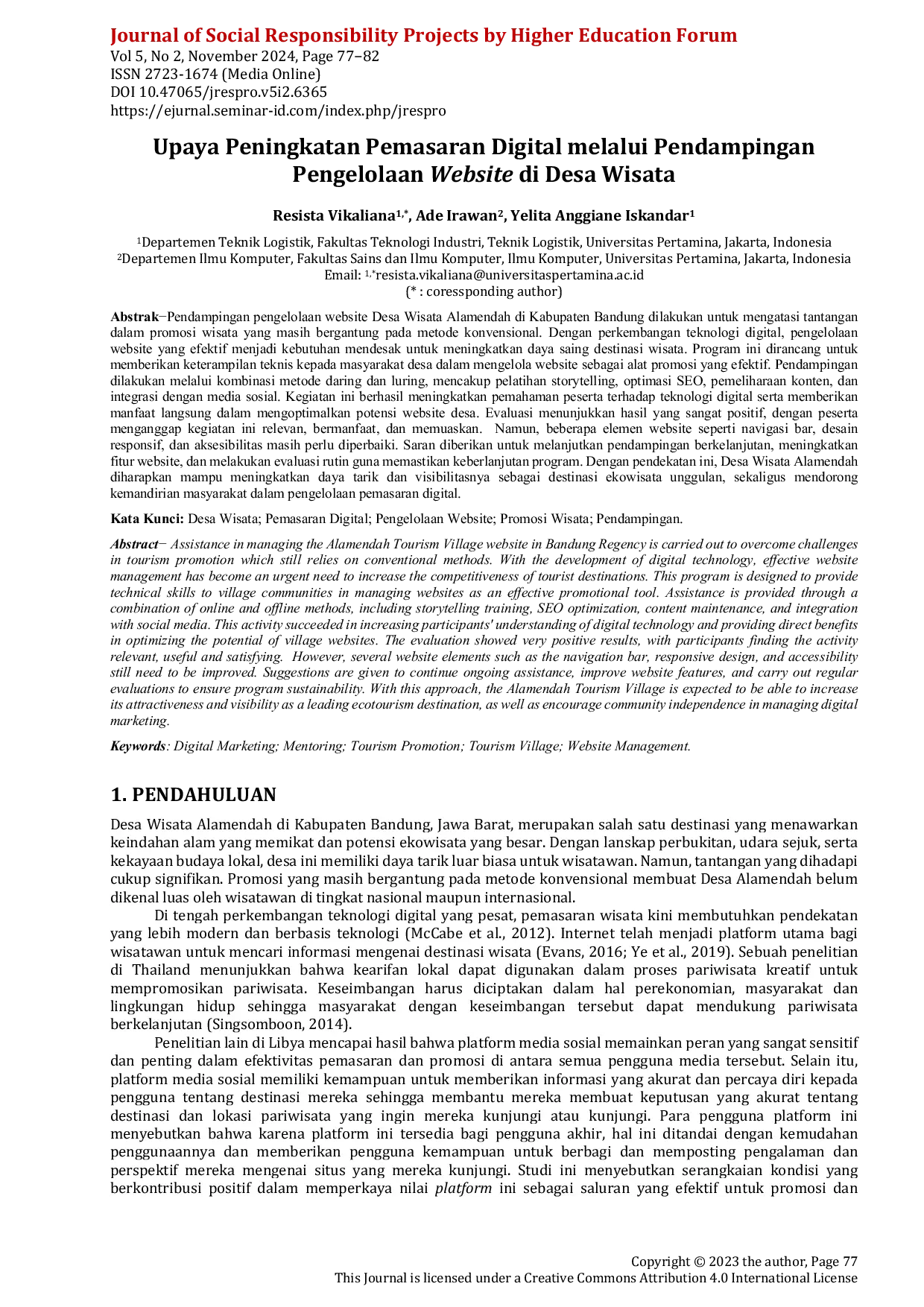 JURIS Upaya Peningkatan Pemasaran Digital melalui Pendampingan Pengelolaan Website di Desa Wisata