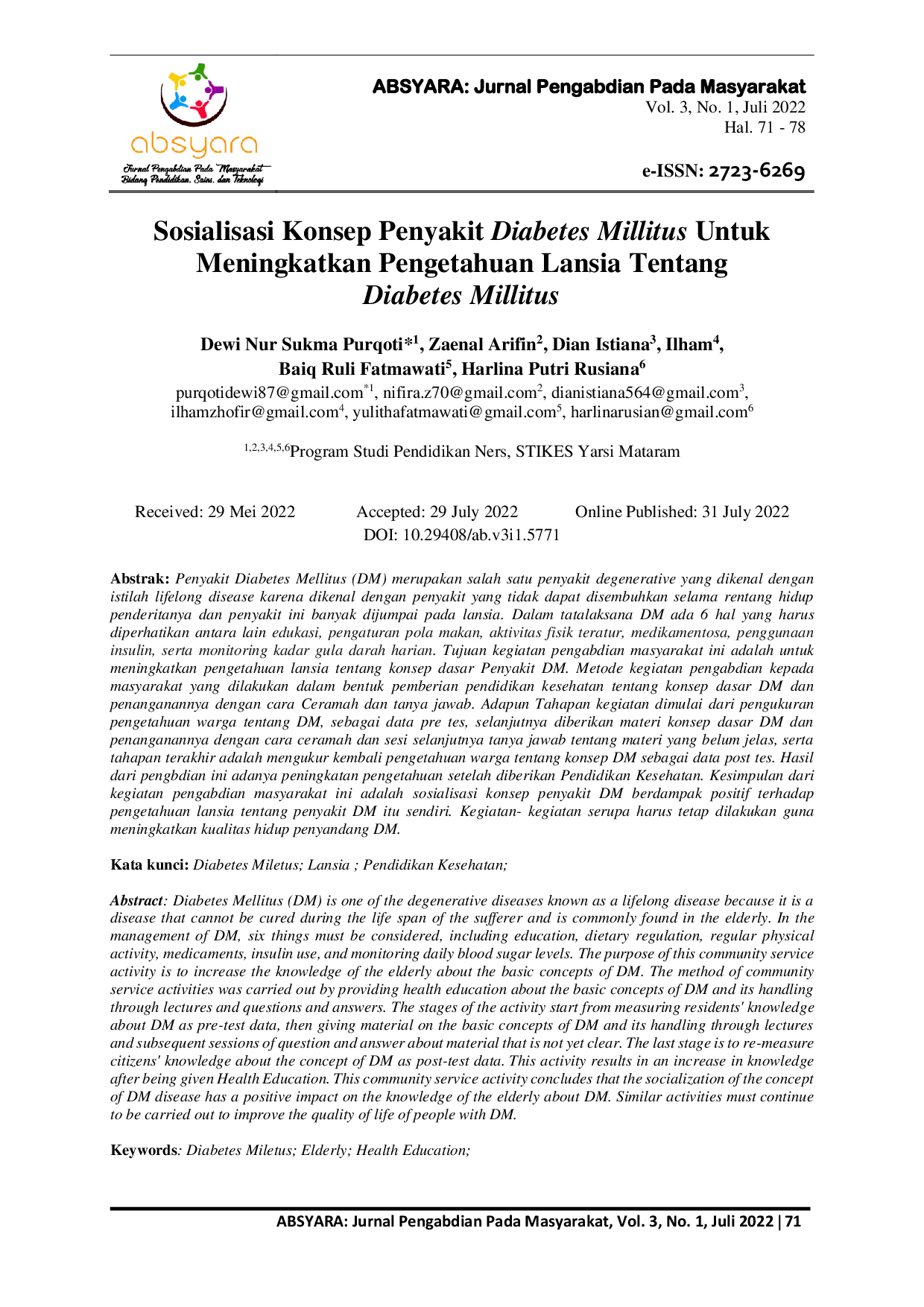 JURIS Sosialisasi Konsep Penyakit Diabetes Mellitus Untuk Meningkatkan Pengetahuan Lansia Tentang Diabetes Mellitus