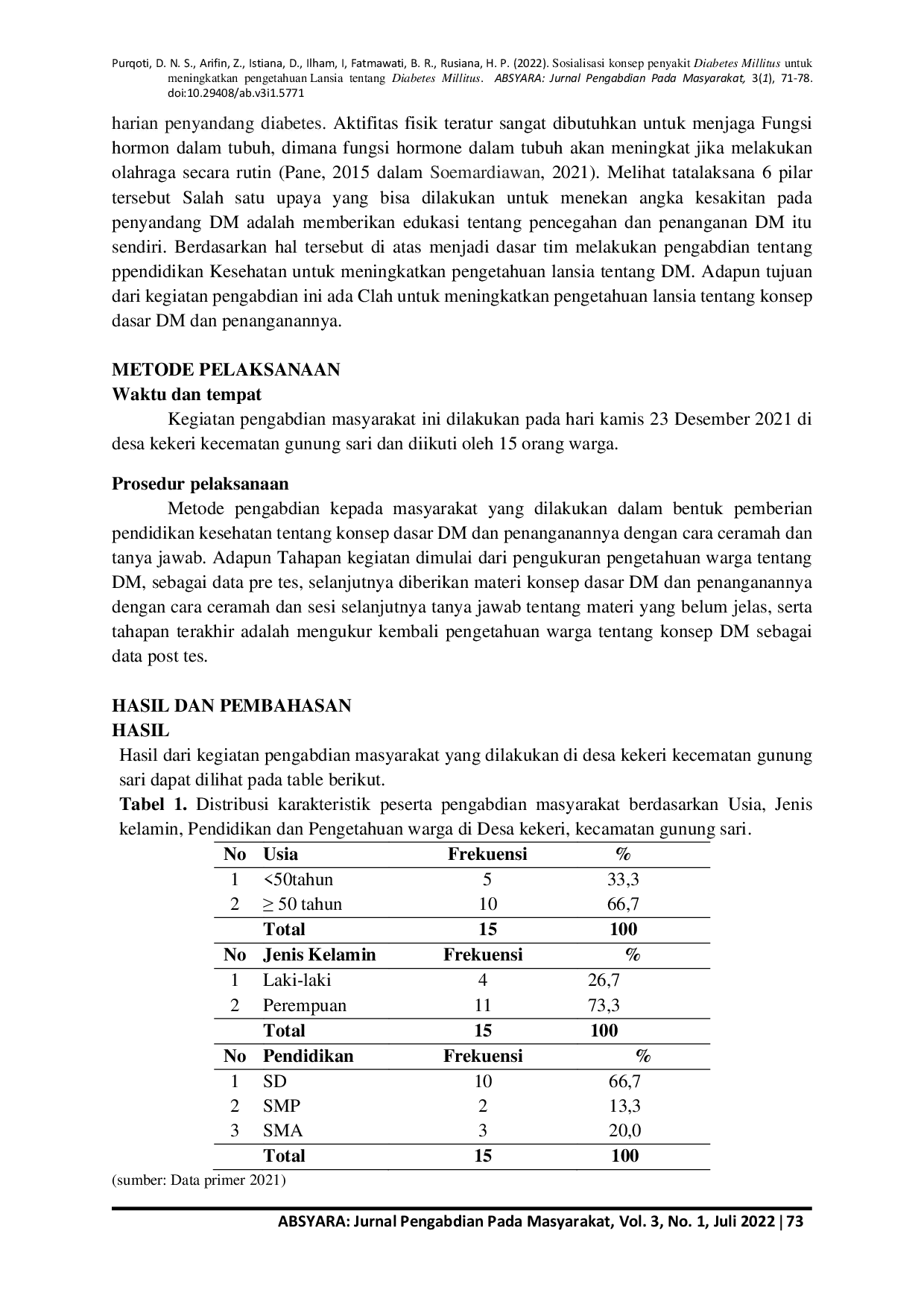 JURIS Sosialisasi Konsep Penyakit Diabetes Mellitus Untuk Meningkatkan Pengetahuan Lansia Tentang Diabetes Mellitus