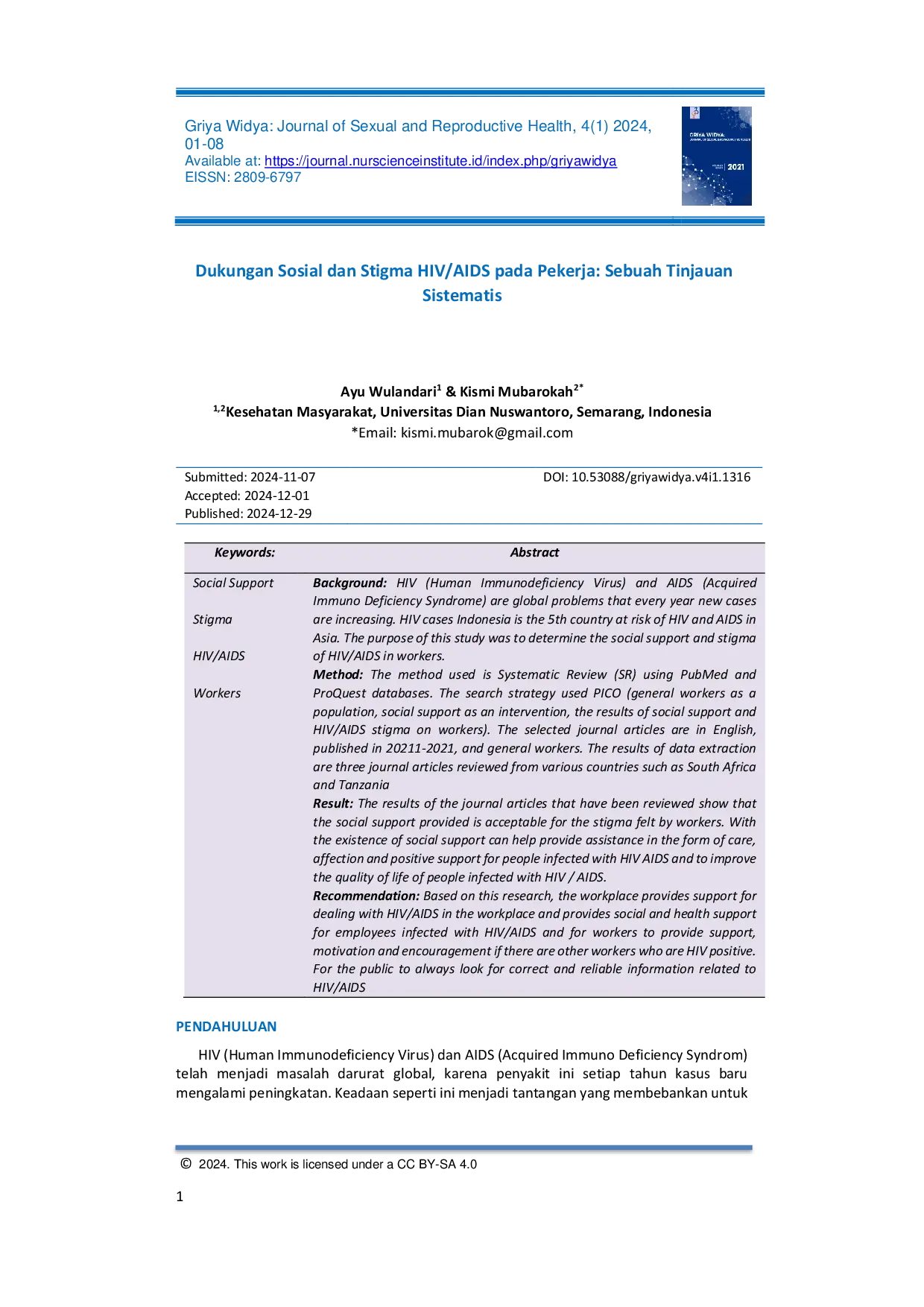 JURIS Dukungan Sosial dan Stigma HIV AIDS pada Pekerja Sebuah Tinjauan Sistematis