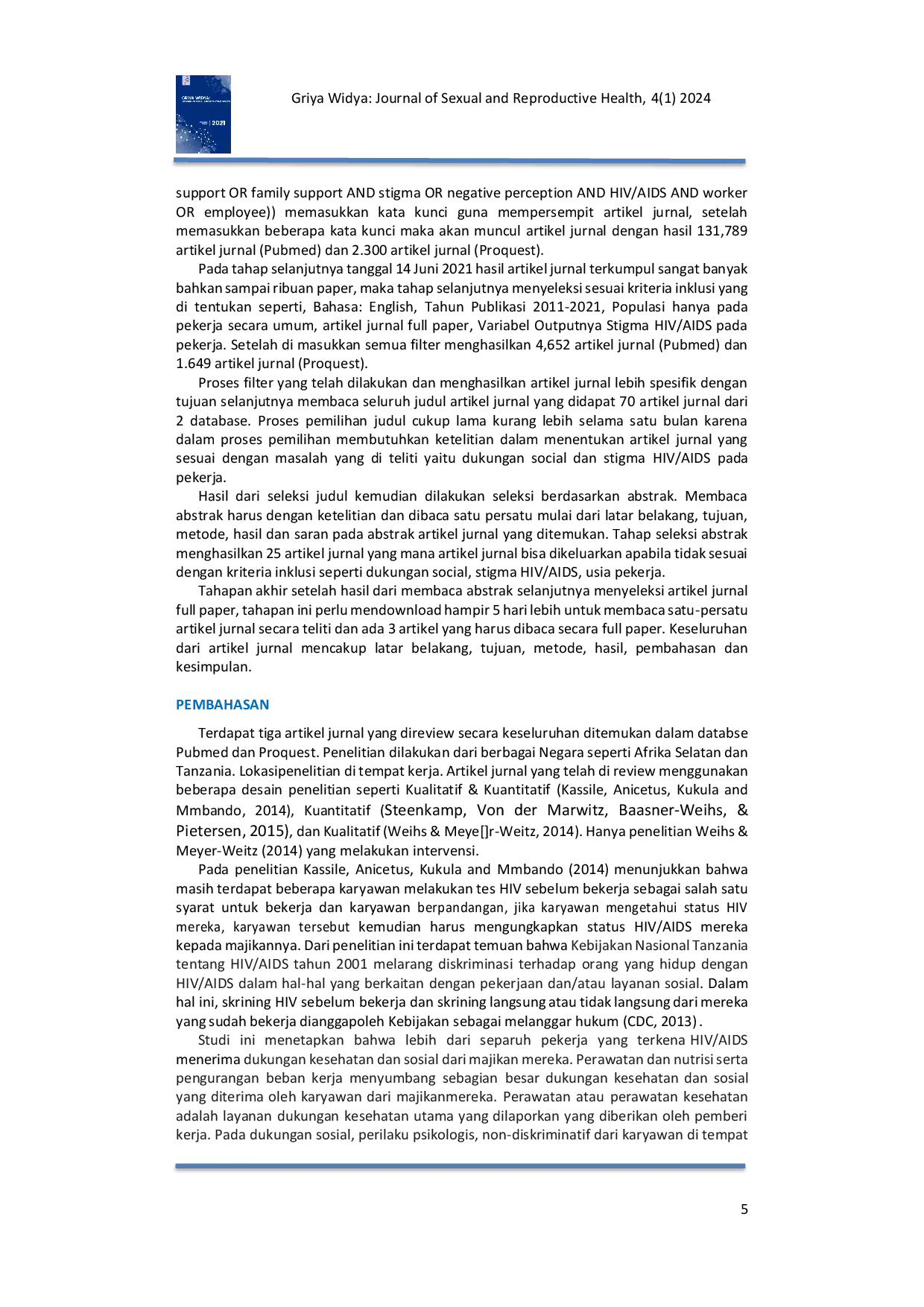 JURIS Dukungan Sosial dan Stigma HIV AIDS pada Pekerja Sebuah Tinjauan Sistematis
