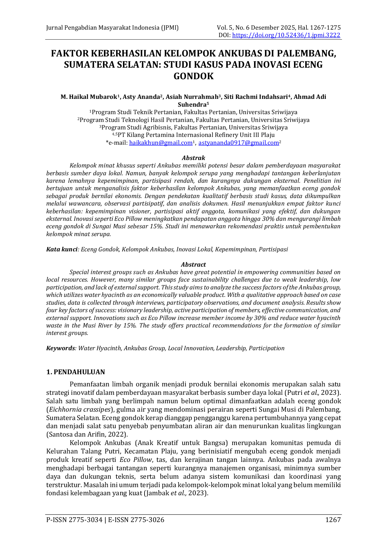 JURIS Faktor Keberhasilan Kelompok Ankubas di Palembang Sumatra Selatan Studi Kasus pada Inovasi Eceng Gondok