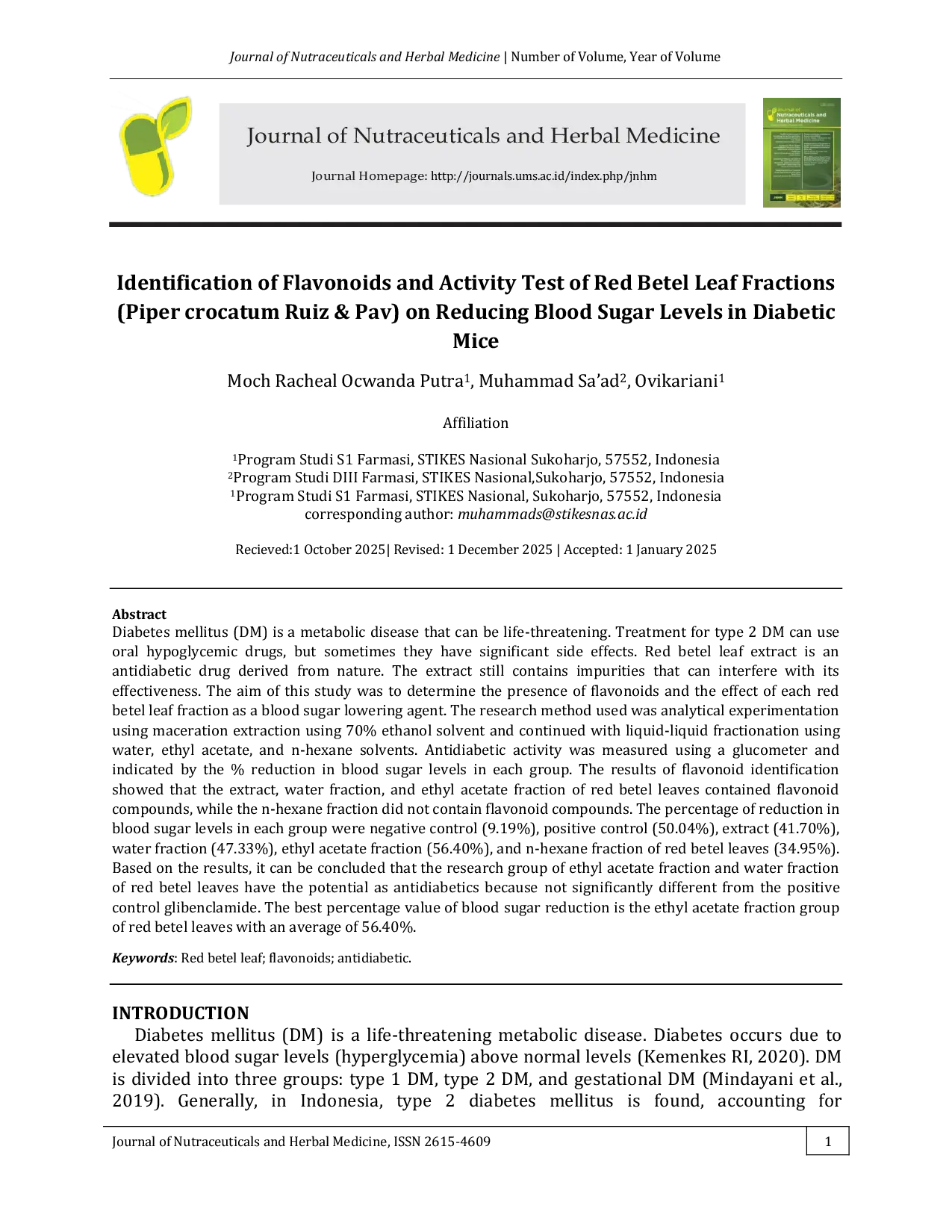JURIS Identification of Flavonoids and Activity Test of Red Betel Leaf Fractions Piper crocatum Ruiz Pav on Reducing Blood Sugar Levels in Diabetic Mice