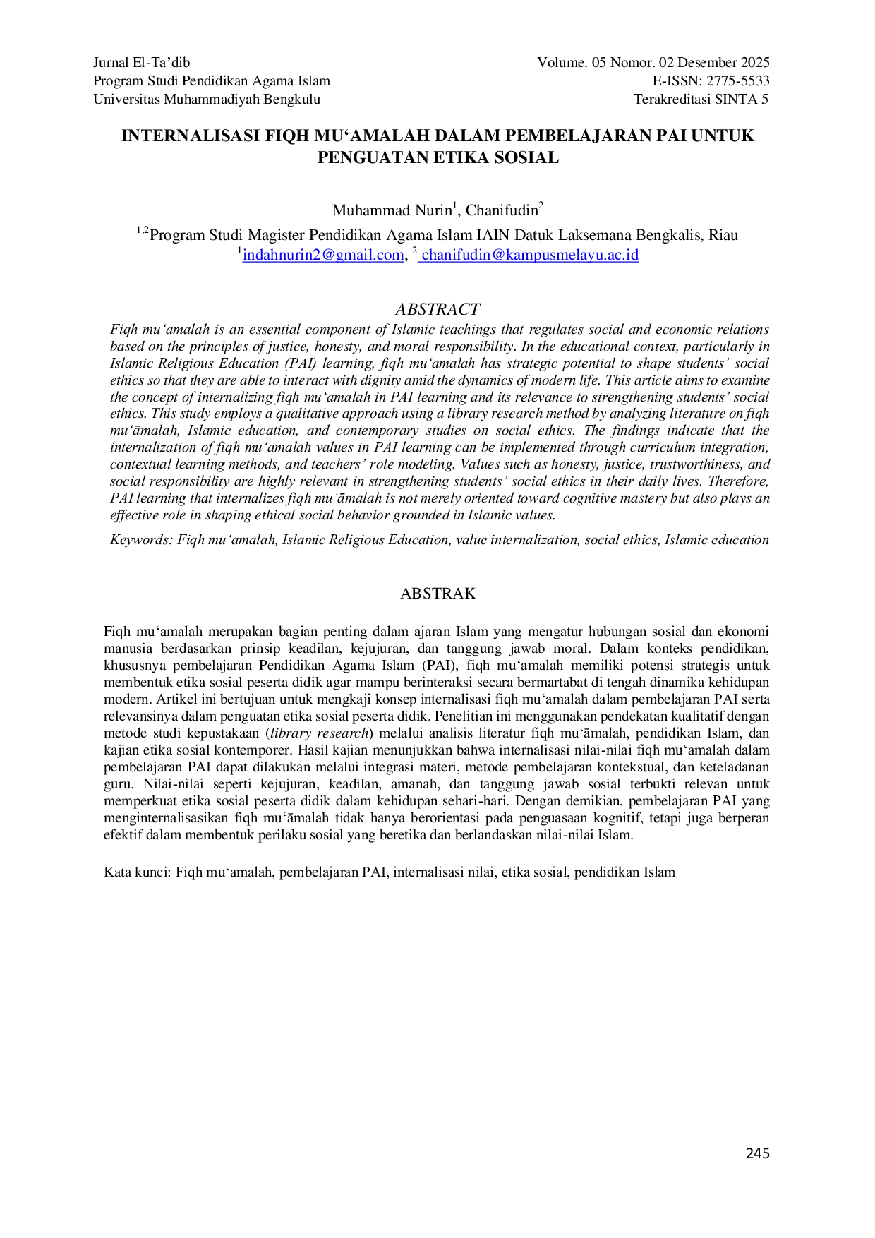 JURIS Internalisasi Fiqh Mu amalah Dalam Pembelajaran Pai Untuk Penguatan Etika Sosial