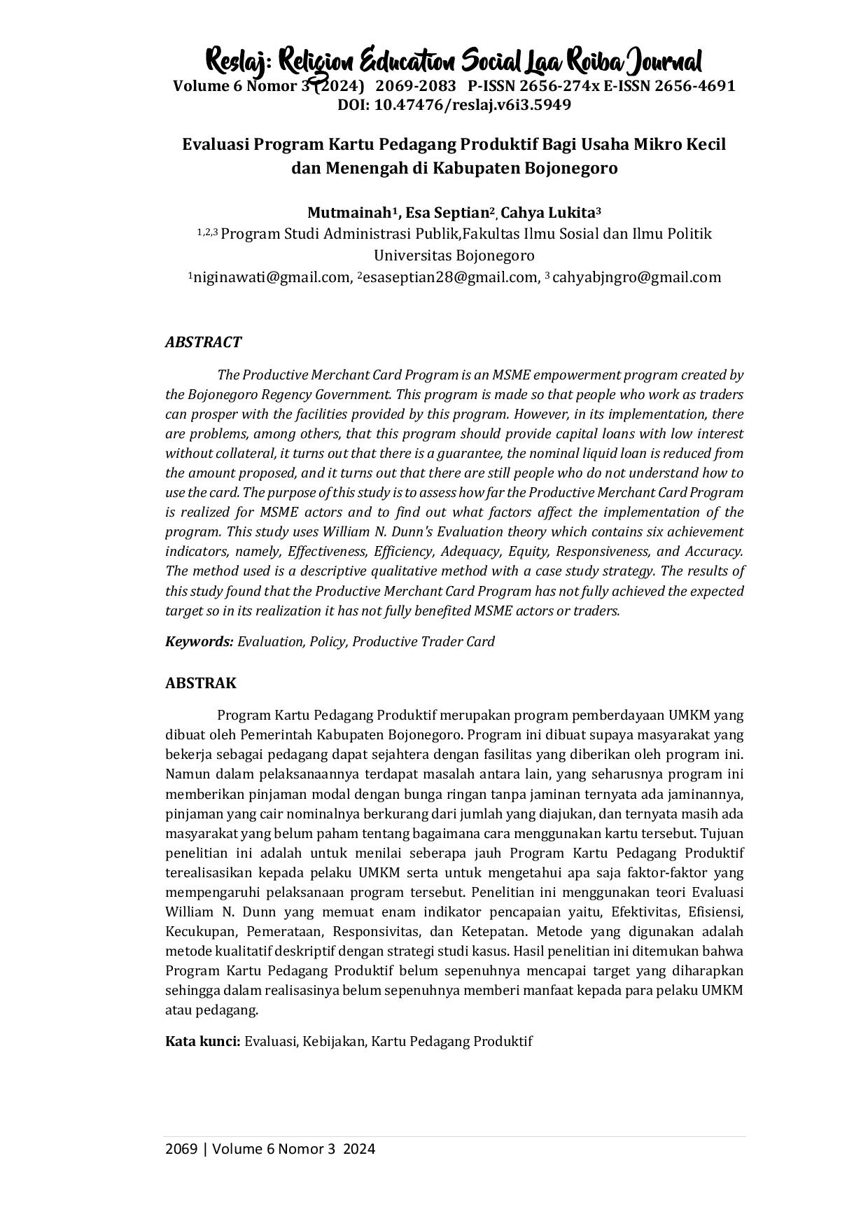 JURIS Evaluasi Program Kartu Pedagang Produktif Bagi Usaha Mikro Kecil dan Menengah di Kabupaten Bojonegoro