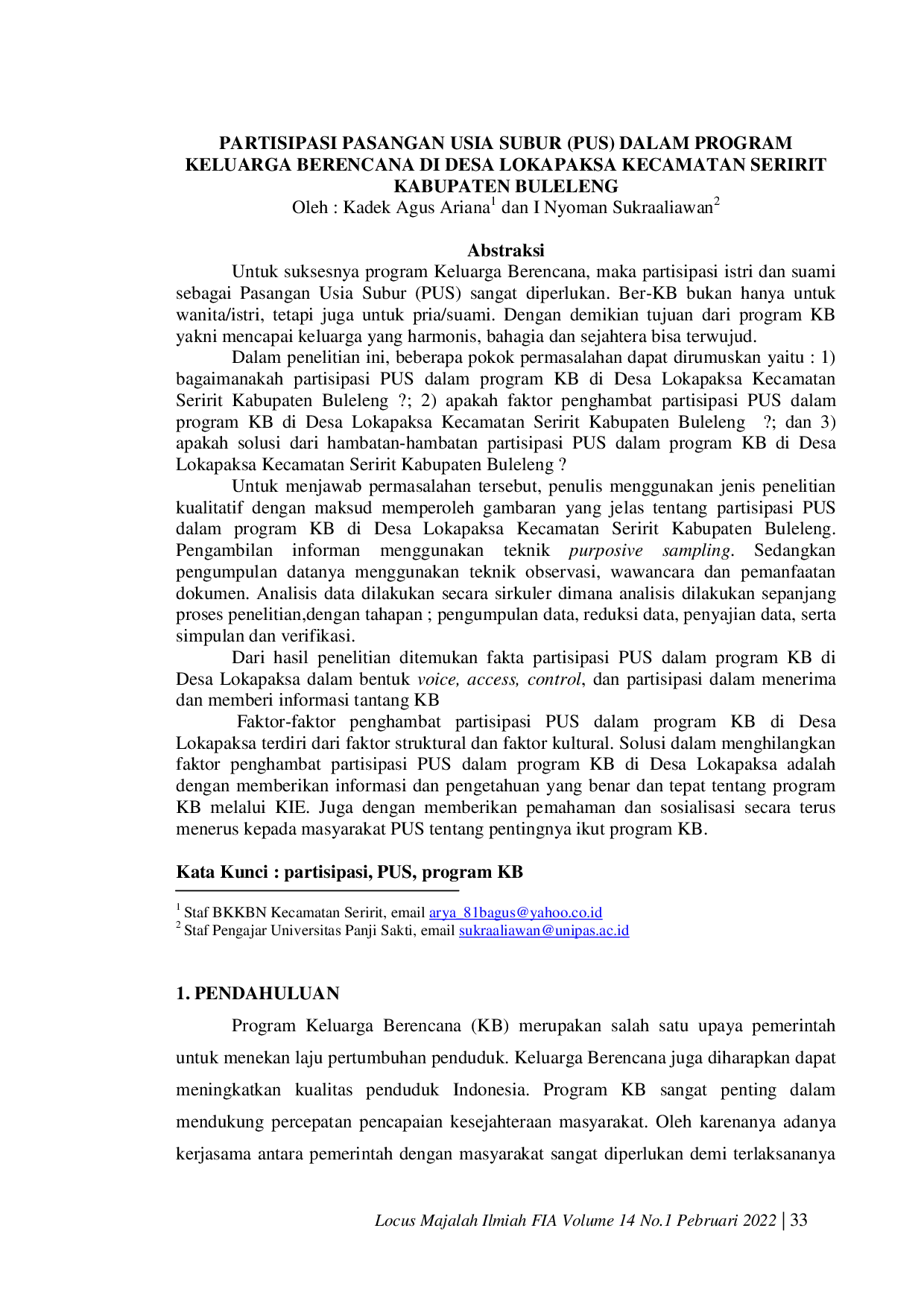 JURIS Partisipasi Pasangan Usia Subur PUS Dalam Program Keluarga Berencana di Desa Lokapaksa Kecamatan Seririt Kabupaten Buleleng