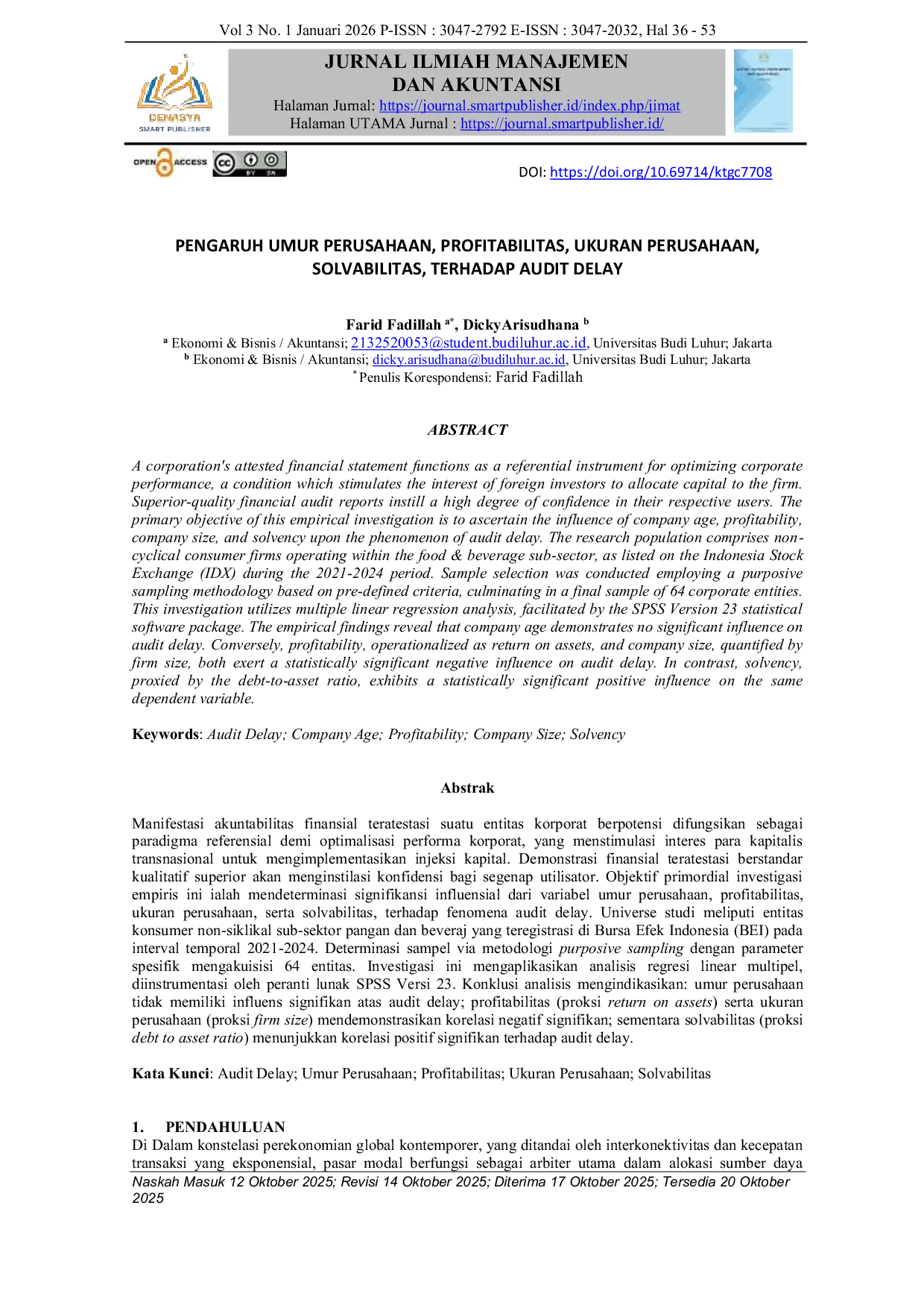 JURIS Pengaruh Umur Perusahaan Profitabilitas Ukuran Perusahaan Solvabilitas Terhadap Audit Delay
