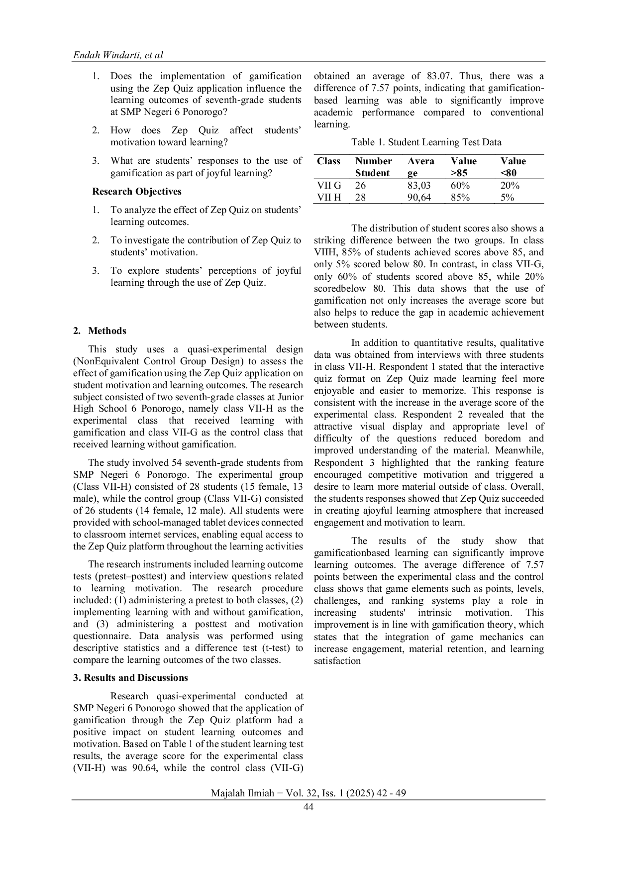 JURIS Gamification Based Joyful Learning An Analysis of the Effectiveness of Using Zep Quiz
