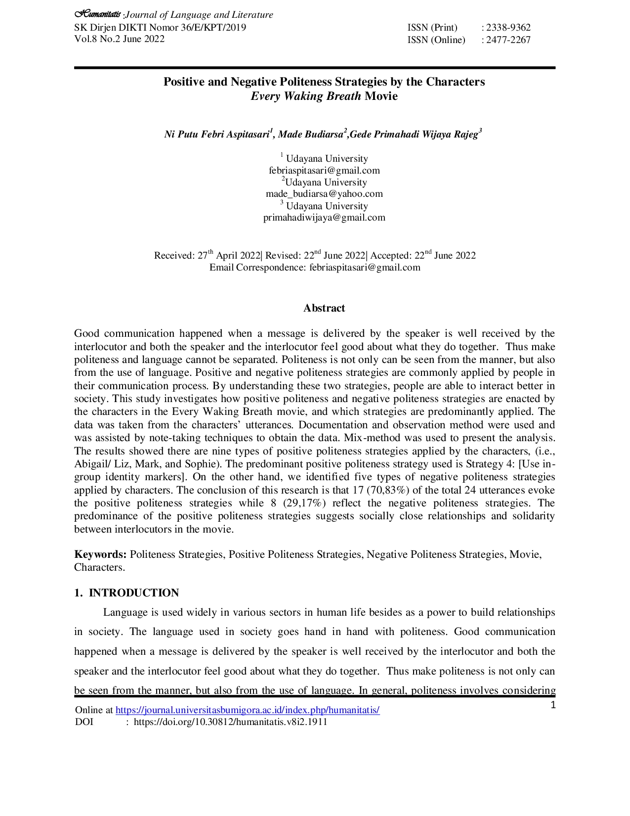 JURIS The Positive and Negative Politeness Strategies by the Characters Every Waking Breath Movie