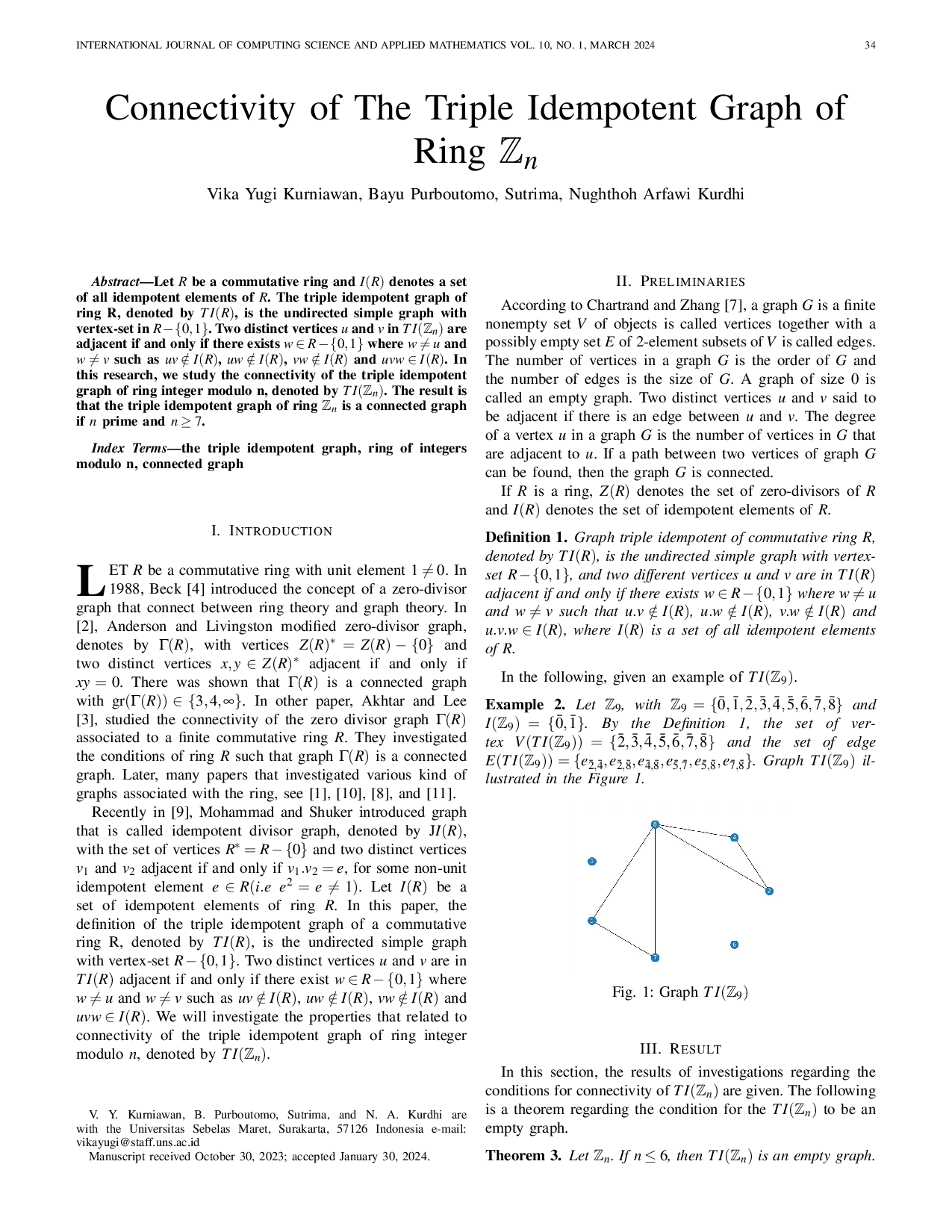 JURIS Connectivity of The Triple Idempotent Graph of Ring Zn
