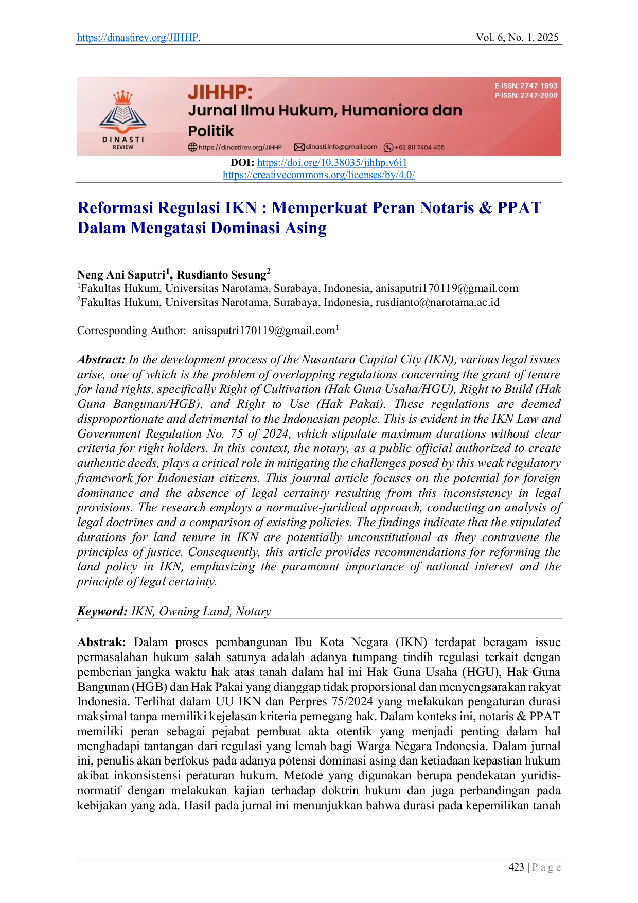 JURIS Reformasi Regulasi IKN Memperkuat Peran Notaris PPAT Dalam Mengatasi Dominasi Asing