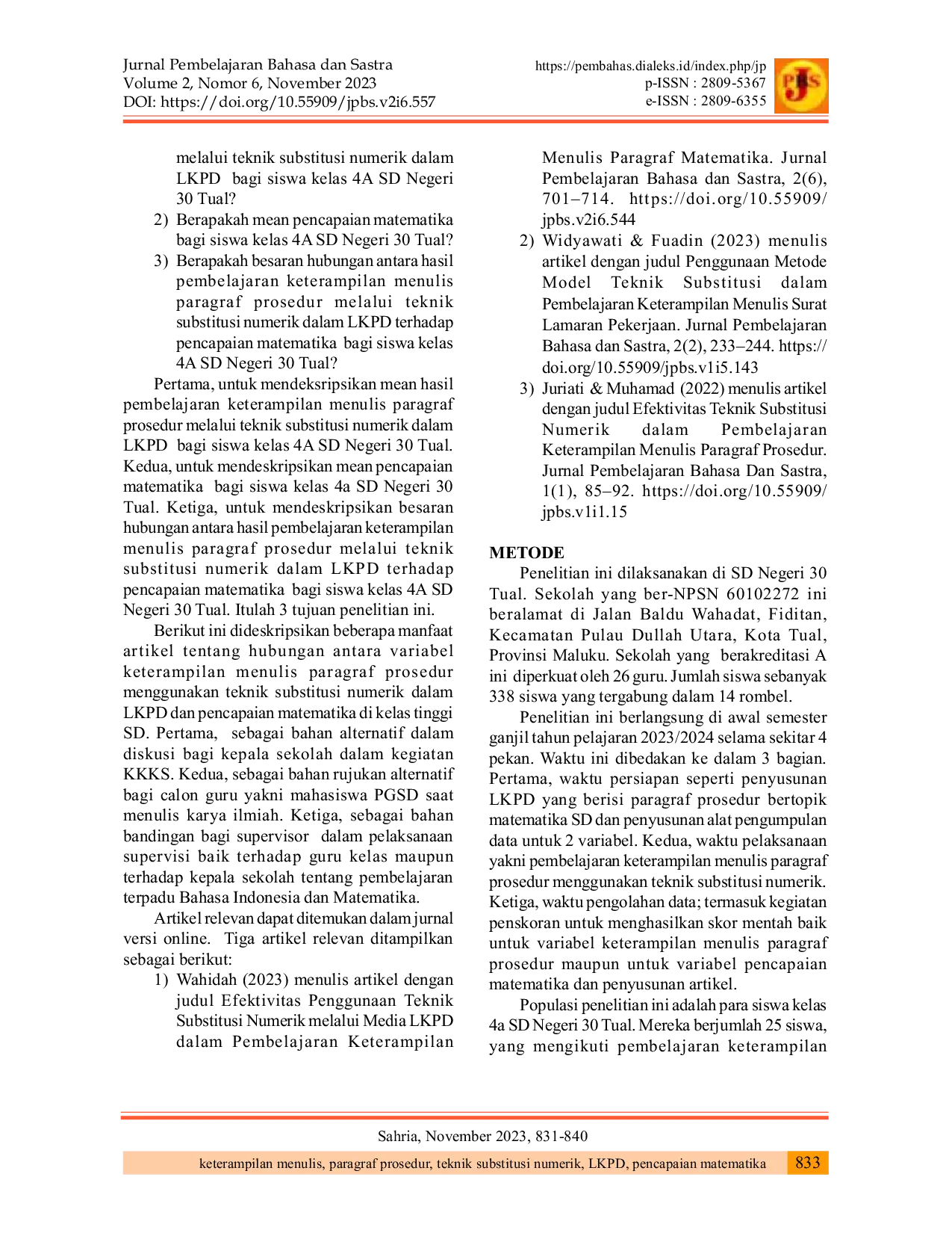 JURIS Hubungan Pembelajaran Keterampilan Menulis Paragraf Prosedur melalui Teknik Substitusi Numerik dalam LKPD terhadap Pencapaian Matematika