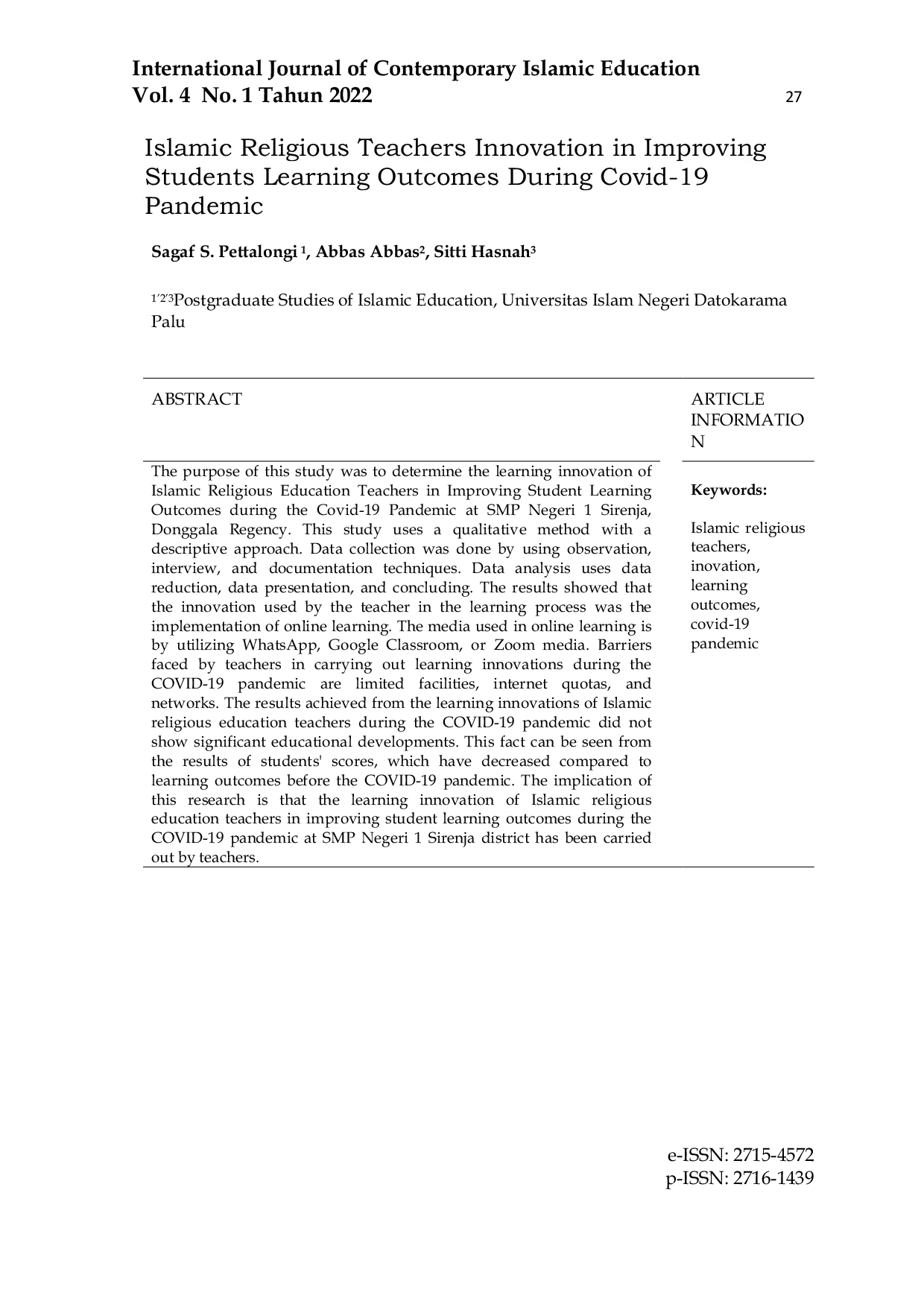 JURIS Islamic Religious Teachers Innovation in Improving Students Learning Outcomes During Covid 19 Pandemic