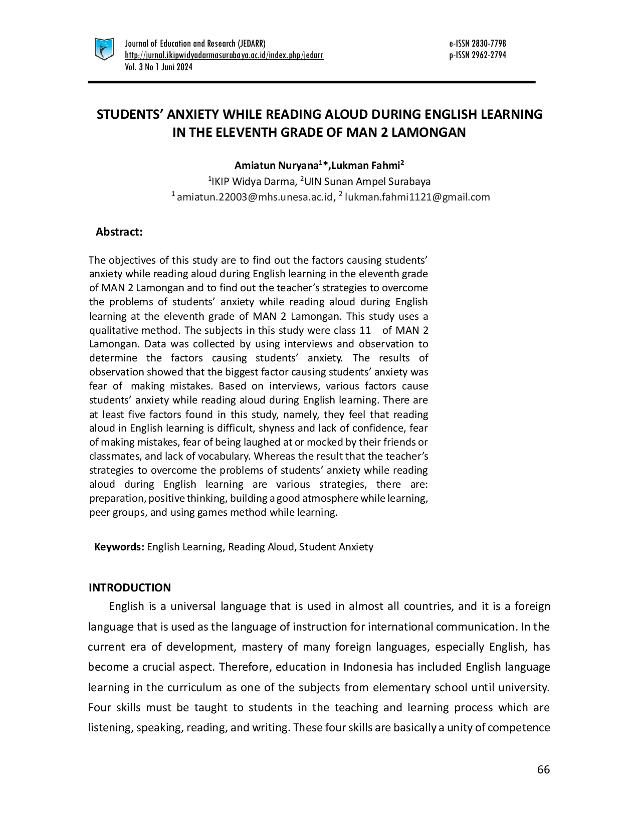 JURIS Students Anxiety While Reading Aloud During English Learning In The Eleventh Grade Of Man 2 Lamongan
