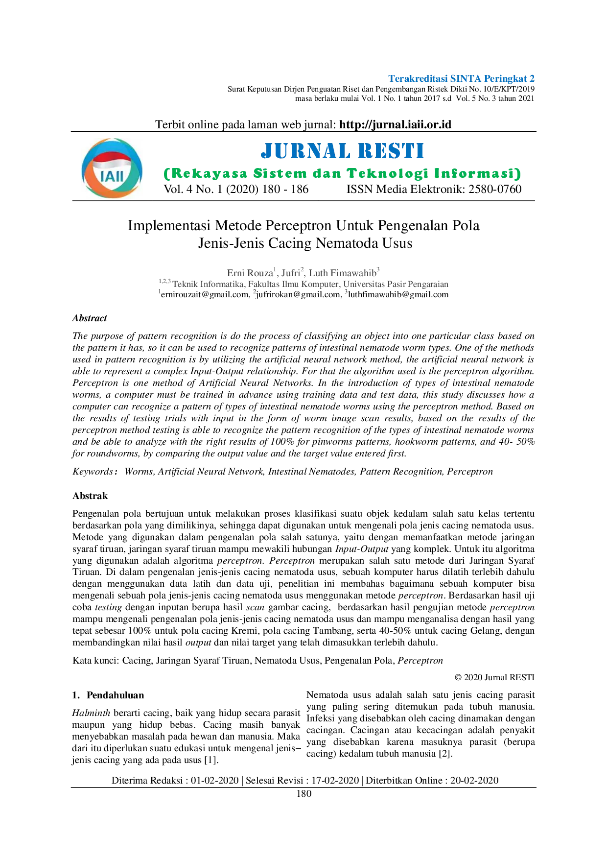 JURIS Implementasi Metode Perceptron Untuk Pengenalan Pola Jenis Jenis Cacing Nematoda Usus