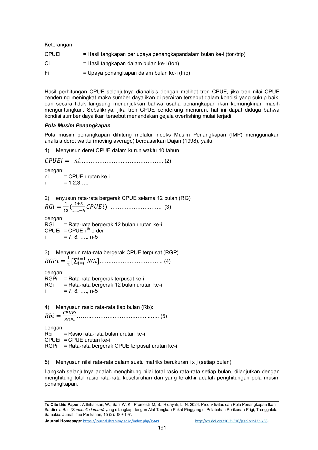 JURIS Produktivitas dan Pola Musim Penangkapan Lemuru Sardinella lemuru dengan Alat Tangkap Purse Seine yang didaratkan Di Pelabuhan Perikanan Nusantara PPN Prigi Kabupaten Trenggalek