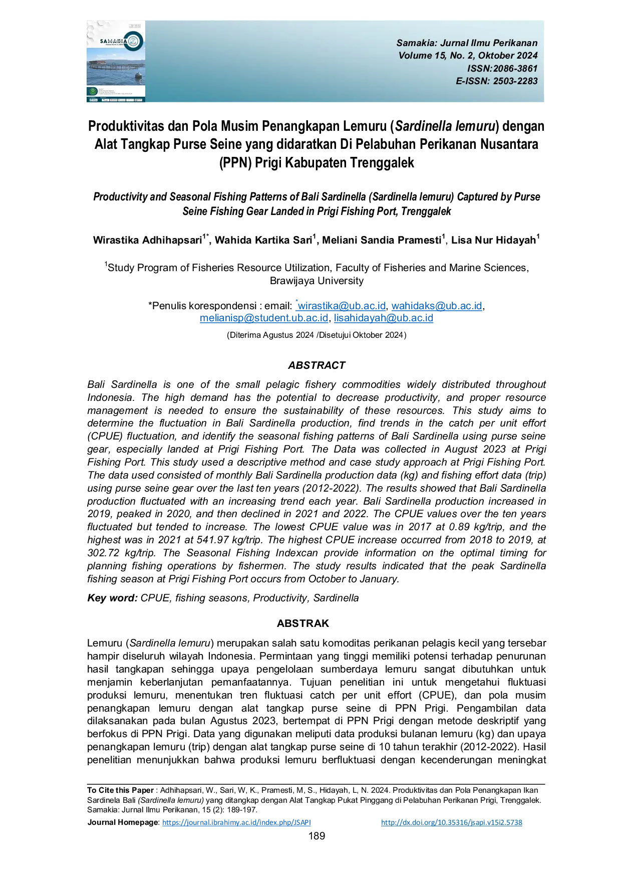 JURIS Produktivitas dan Pola Musim Penangkapan Lemuru Sardinella lemuru dengan Alat Tangkap Purse Seine yang didaratkan Di Pelabuhan Perikanan Nusantara PPN Prigi Kabupaten Trenggalek
