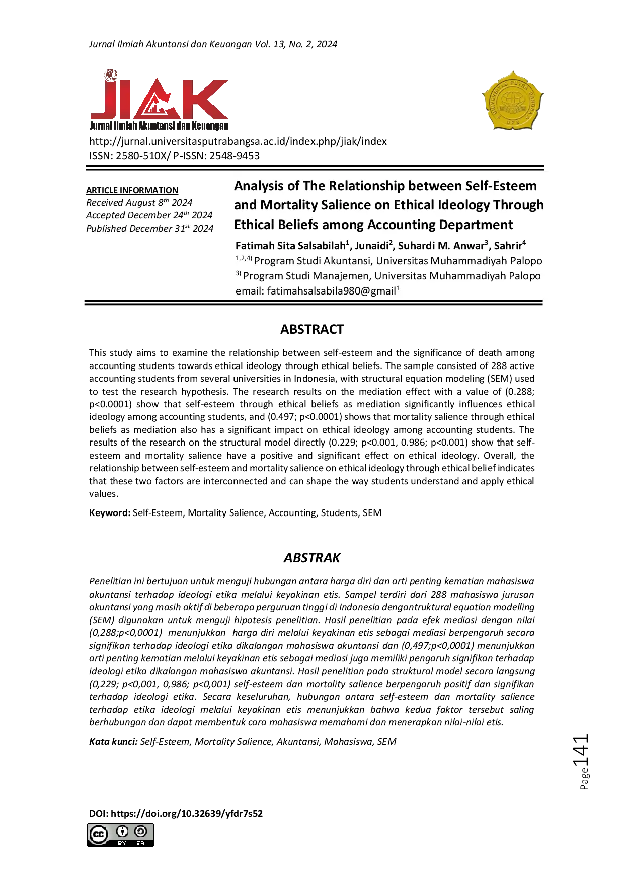JURIS Analysis of The Relationship between Self Esteem and Mortality Salience on Ethical Ideology Through Ethical Beliefs among Accounting Department