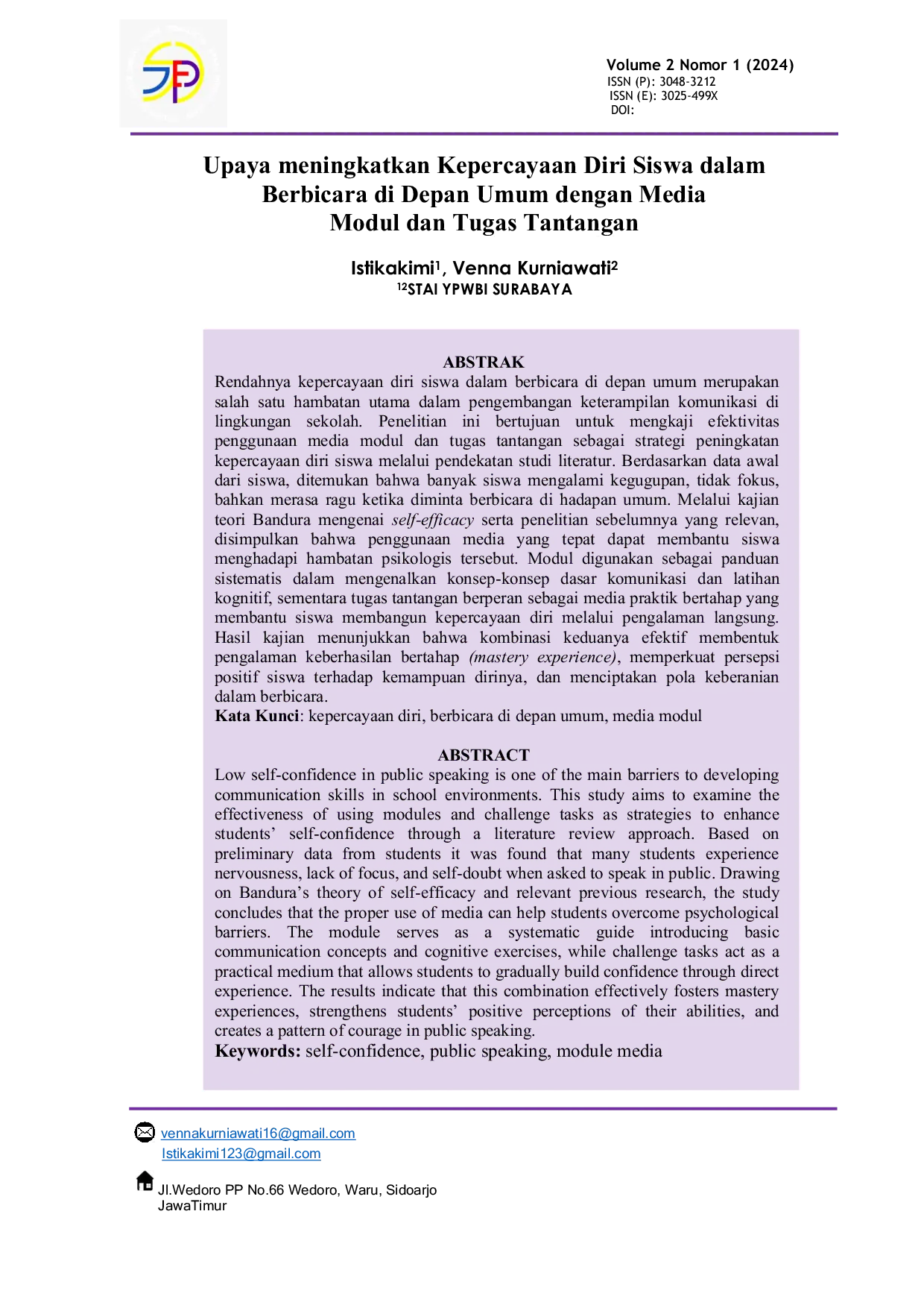 JURIS Upaya Meningkatkan Kepercayaan Diri Siswa dalam Berbicara di Depan Umum dengan Media Modul dan Tugas Tantangan