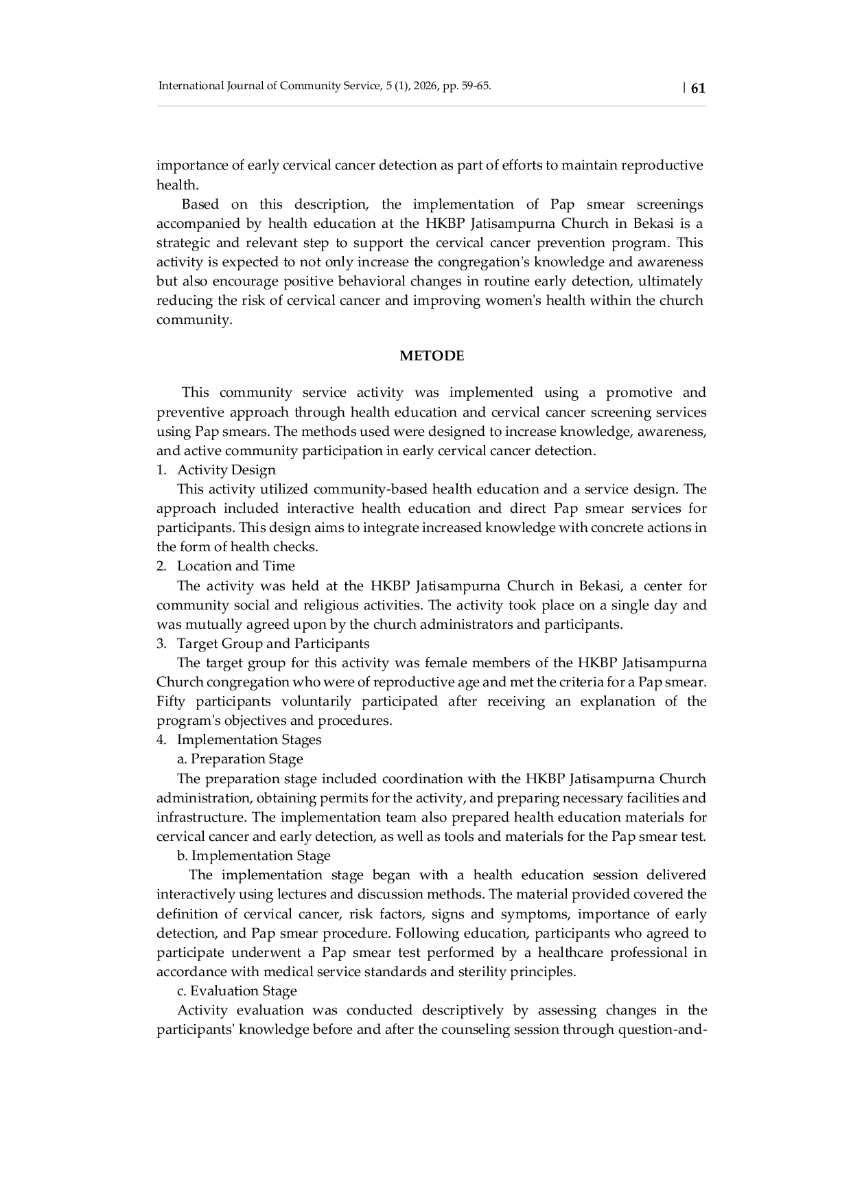 JURIS Pap Smear Examination as a Strategy for Prevention and Early Detection of Cervical Cancer at the HKBP Jatisampurna Church Bekasi