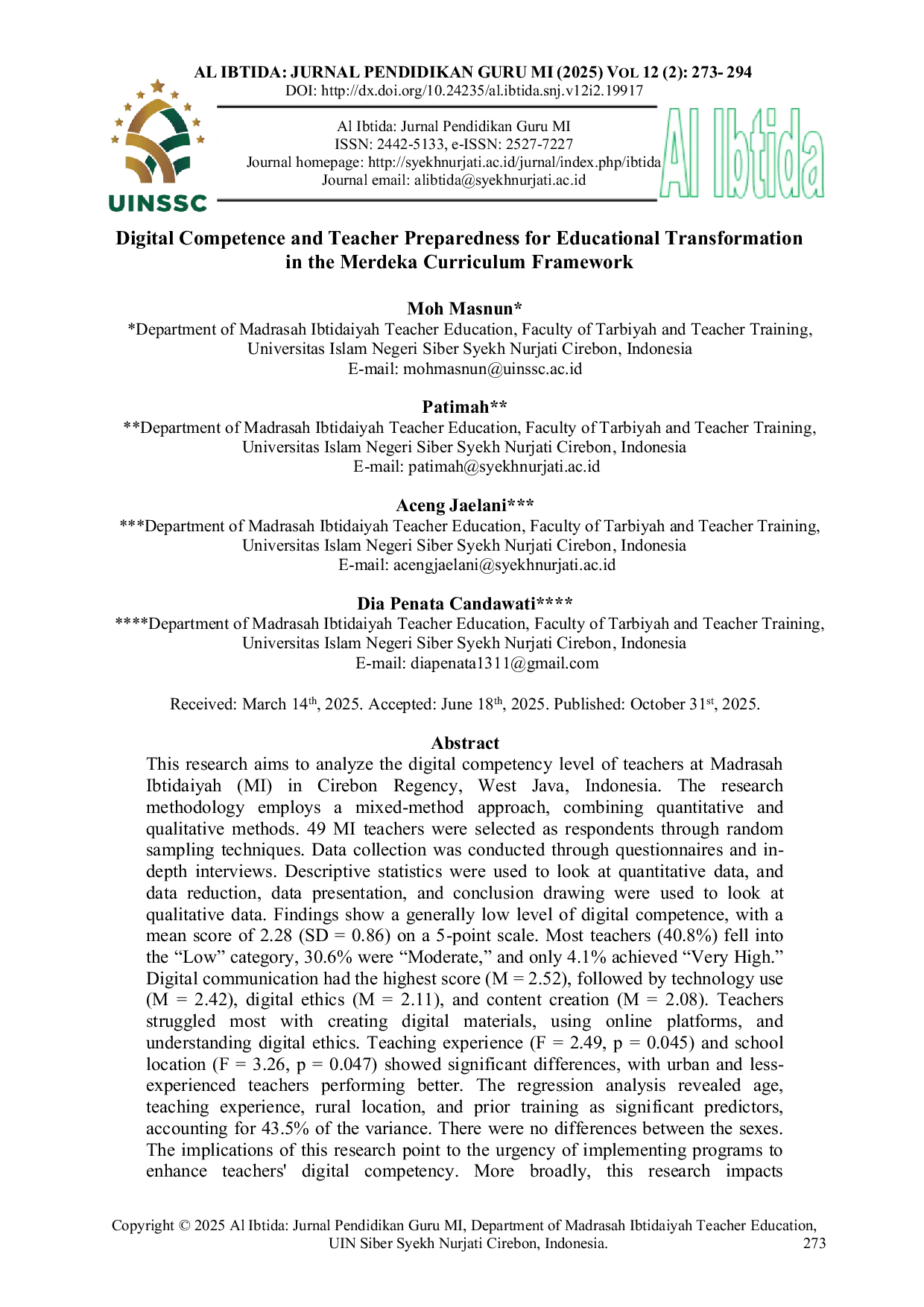 JURIS Digital Competence and Teacher Preparedness for Educational Transformation in the Merdeka Curriculum Framework