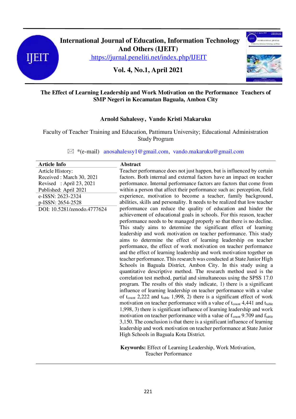 JURIS The Effect Of Learning Leadership And Work Motivation On The Performance Of Teachers Of Smp Negeri In Kecamatan Baguala Ambon City