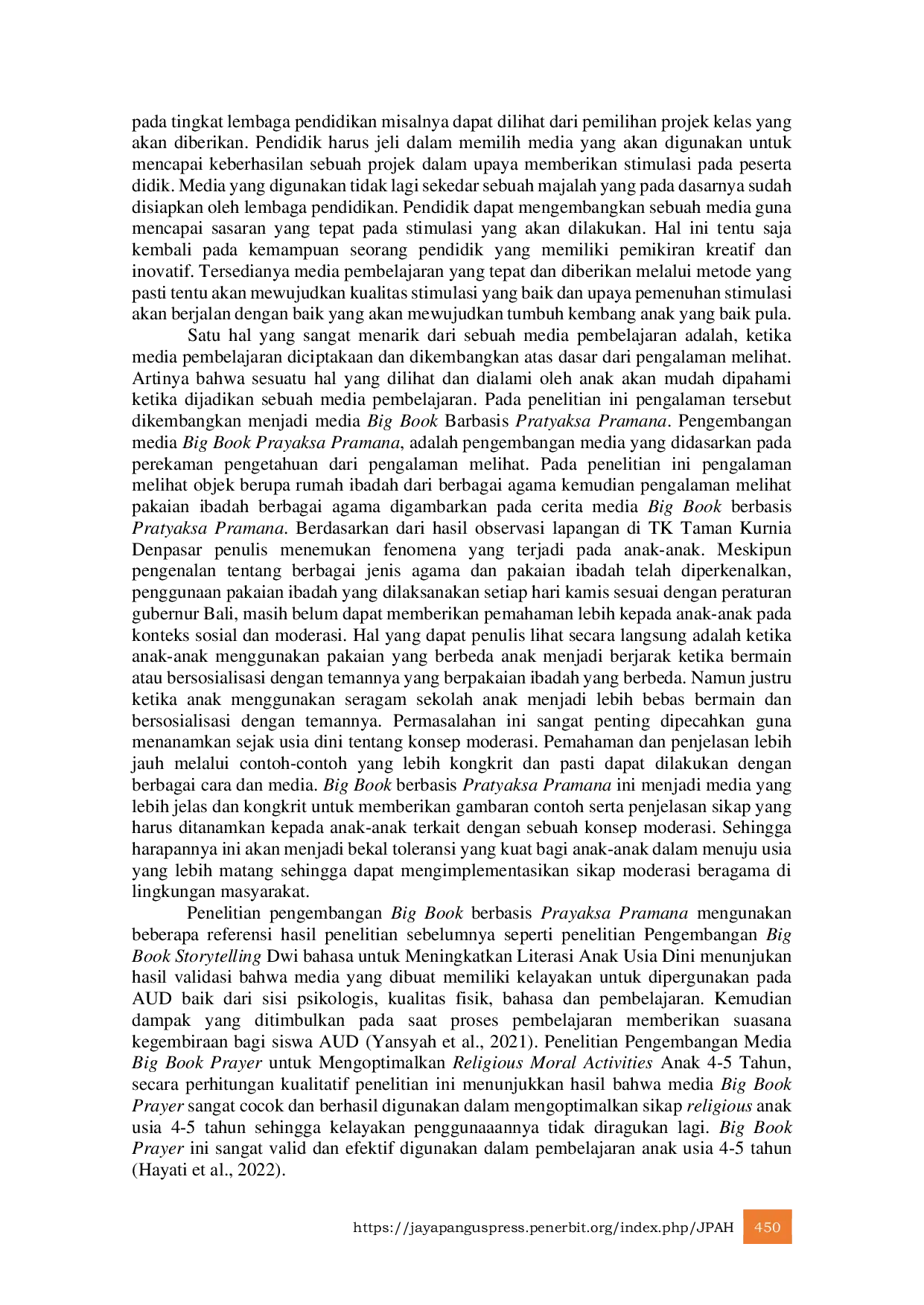 JURIS Pengembangan Big Book Moderasi Beragama Berbasis Konsep Pratyaksa Pramana di Taman Kanak Kanak