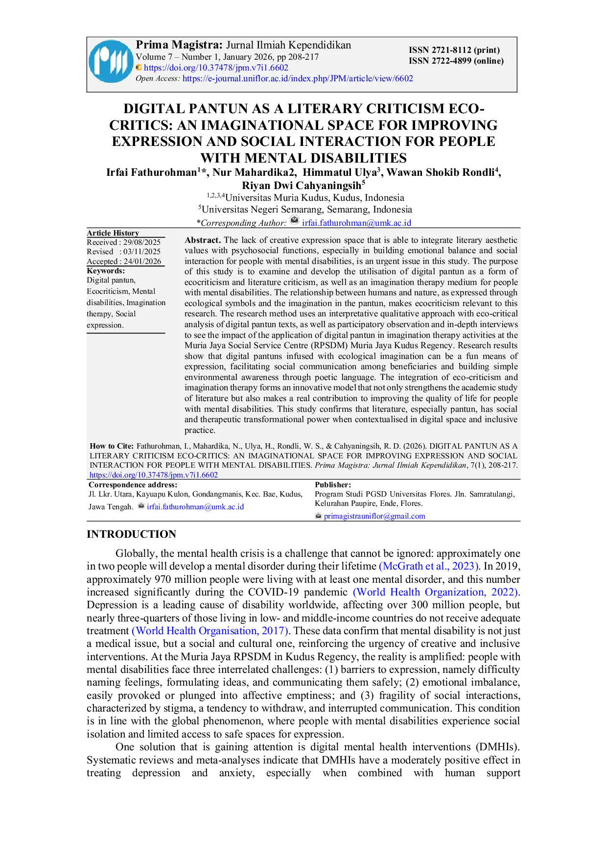 JURIS Digital Pantun As A Literary Criticism Eco Critics An Imaginational Space For Improving Expression And Social Interaction For People With Mental Disabilities