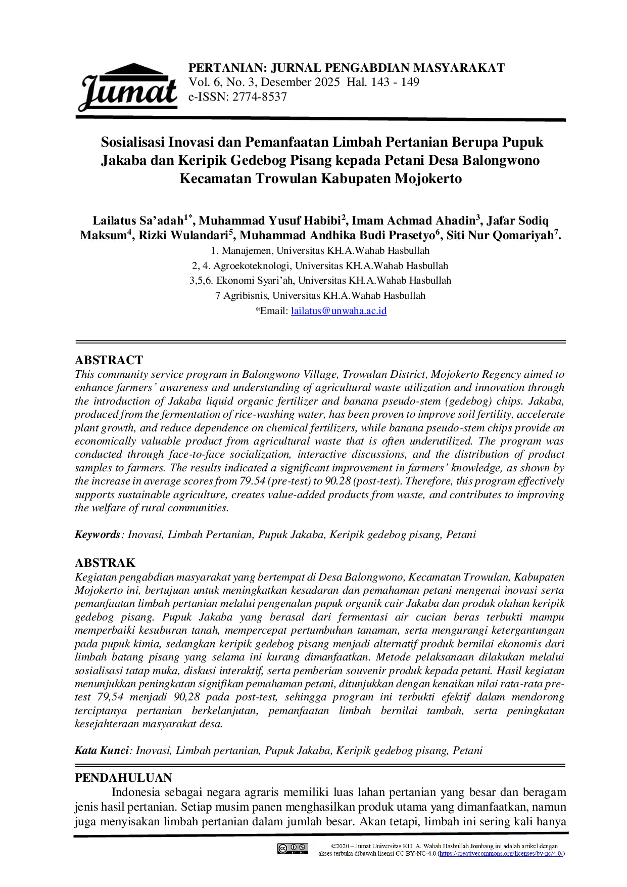 JURIS Sosialisasi Inovasi dan Pemanfaatan Limbah Pertanian Berupa Pupuk Jakaba dan Keripik Gedebog Pisang kepada Petani Desa Balongwono Kecamatan Trowulan Kabupaten Mojokerto