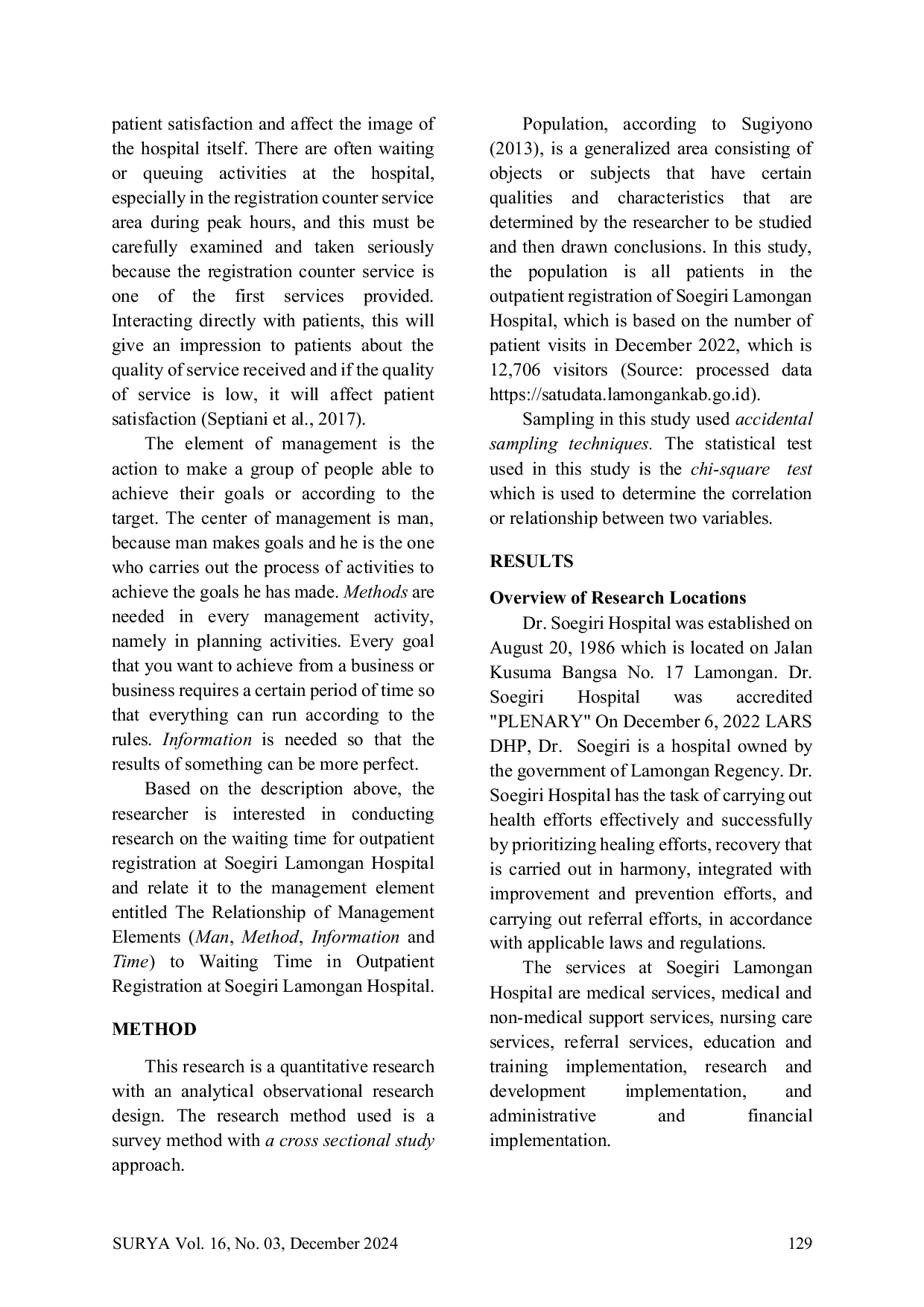 JURIS The Relationship of Management Elements to The Waiting Time in Outpatient Registration of Soegiri Lamongan Hospital