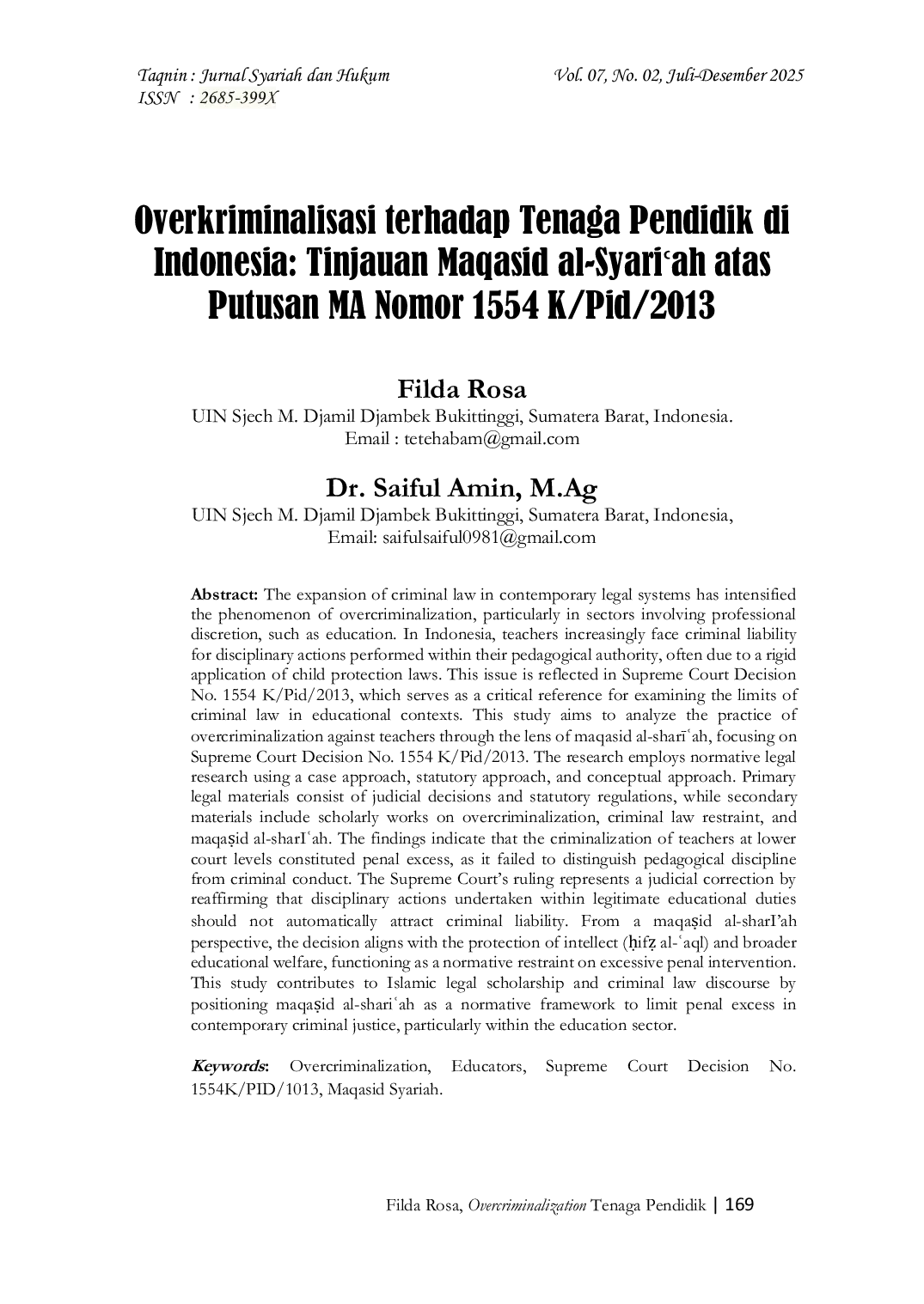 JURIS OVERCRIMINALIZATION Tenaga Pendidik Guru Tinjauan Terhadap Putusan MA No 1554K PID 2013 dan Maqasid Syariah