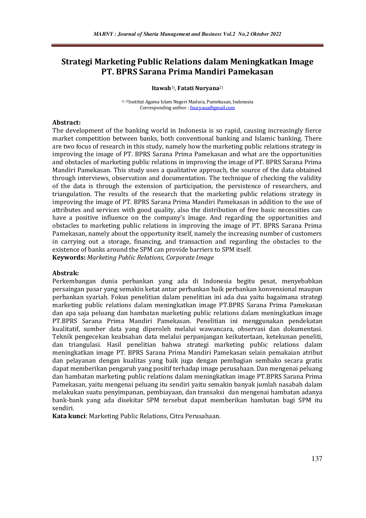 JURIS Strategi Marketing Public Relations dalam Meningkatkan Image PT BPRS Sarana Prima Mandiri Pamekasan